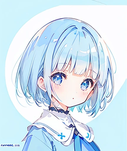 One girl, (pale blue hair, Short Hair, Blunt bangs, blue eyes, Round Spec), White Background, Simple Background,  translation_version, Little, Little version of anime girl