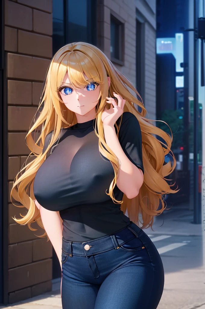 ((black t-shirt, blue jeans)), ((seductive posing,),1woman,city streets, stunning,Beautiful eyes, very detailed face,cute,HD face, perfect face,Very big breasts,Blonde hair,long hair,curly hair,bangs,blue eyes,ultra detail,ultra Hd, masterpiece,4k
