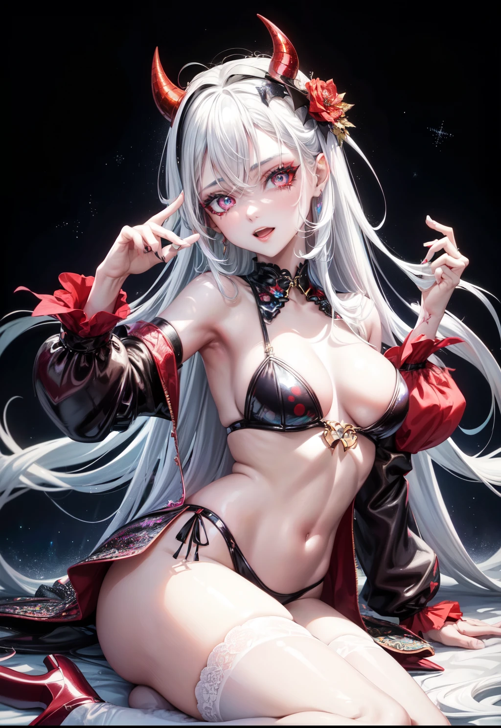 Girl,sexy, spicy , idol,🎧📹, glitter , party, imagination, fairy , Satan, sexy pose,red eyes ,☄️☄️🎆🌌🪻❄️☃️, white hair , theatre ,Billie Elish vibe,evil ,((better quality)),((high resolution)),((better hands