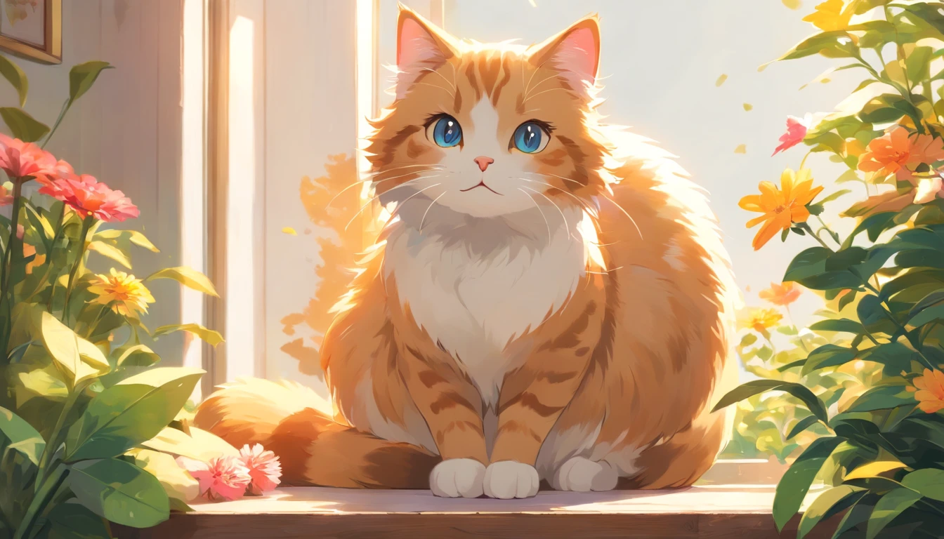 Cute furry cat, Warm Light, Detailed hair texture, Mild natural climate, Gentle lighting. Traditional watercolor style, Generate ultra-high-definition images of chic cats, A gray cat in a sweatshirt. Use advanced macro photography techniques、Highlight the intricate details of your cat's coat, Create an intimate connection between the audience and the cat subject. largeaperture,Achieve a shallow depth of field, Let the cat stand out clearly against a slightly blurred background. Improve lighting to emphasize the texture and contour of the cat's body, avec un soft, Remove rough shadows、, Cosy atmosphere. Scratch the cat in a relaxed position, But balanced, Show your flexibility and elegance. Try to capture moments in natural motion, Stretching, pubic hair beauty, etc., Convey realism. Implement post-processing techniques to improve image clarity, Contrast, and color balance, Protect all aspects, From the intricate patterns of cats to their intense gaze, Rendered in amazing detail. finally, Convey the gentle beauty and innate elegance of cats,, Capture fleeting moments,Celebrate the uniqueness of cat curiosity and balance. (eyes are closed), flower garden, vast flower garden,(highest quality,4K,8k,High resolution,masterpiece:1.2),Super detailed,(Realist,photo Realist,photo Realist:1.37),Detailed eyes,Detailed lips, Wide blue sky, White cloud