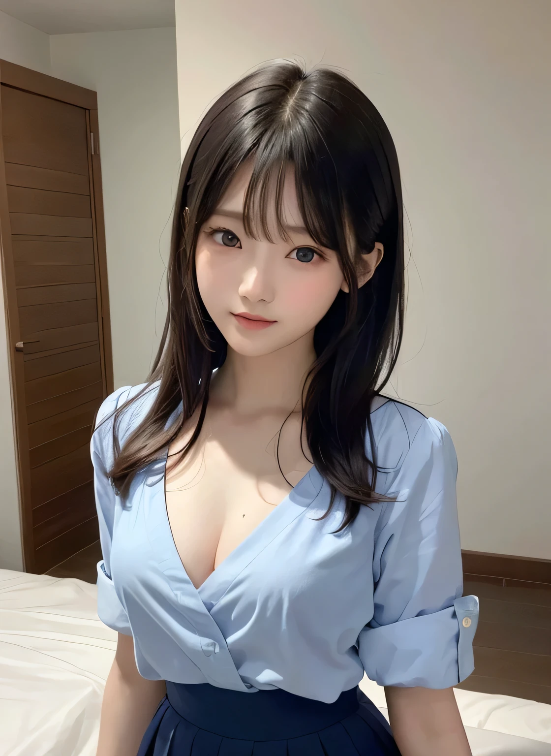 (masterpiece:1.3)、、Shapely small breasts、slender、Slim body、Very fine finish、(High resolution、8k:1.3)、highest quality、Beautiful Hands、Beautiful Hands指、(Ultra-realistic as a photo:1.3), Ultra High Resolution Face、The face is in focus、Ultra high definition and beautiful eyes、(Concentrated eyes:1.3)、(Eyes are symmetrical:1.3)、High quality and beautiful skin、Firm Skin、Natural Makeup、Gloss lips, Ultra HD Hair Texture、Japanese women、high school girl、(超High resolution)),8K,14 years oldward to reveal cleavage、Small breasts、Flat Chest、Small breasts, , Very short hairstyle, Blue mini skirt, Navy blue Y-shirt、Small breasts cleavage 2:1,Idol Sculpture, Wet, smile、Pink wall、sexy、slender、Well-shaped small breasts、I can see your thighs,Nogizaka Idol