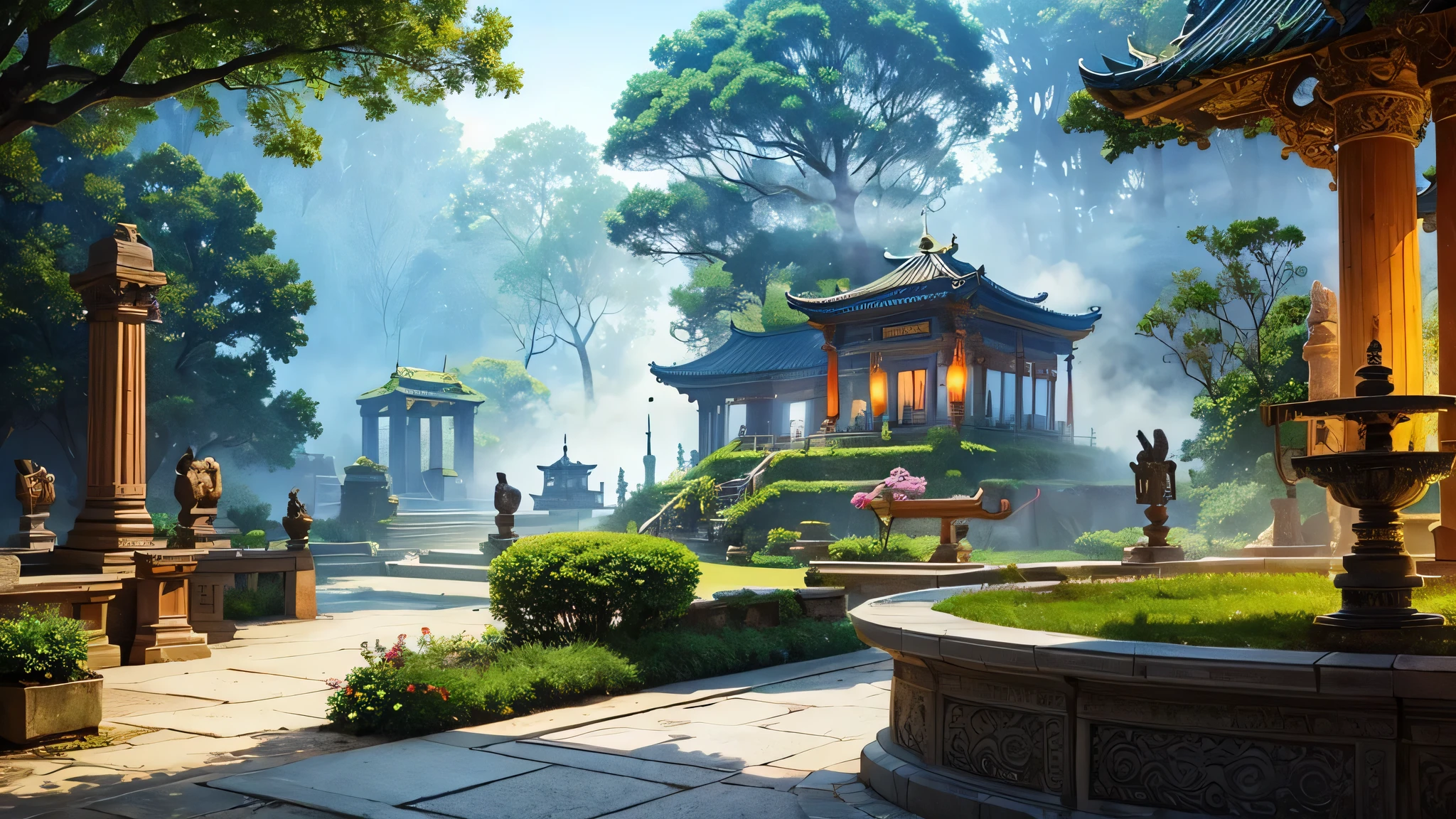 Fairyland,Temple of Immortals,A magnificent palace surrounded by fairy air,Located above the clouds,The main hall is surrounded by colorful mist.,this