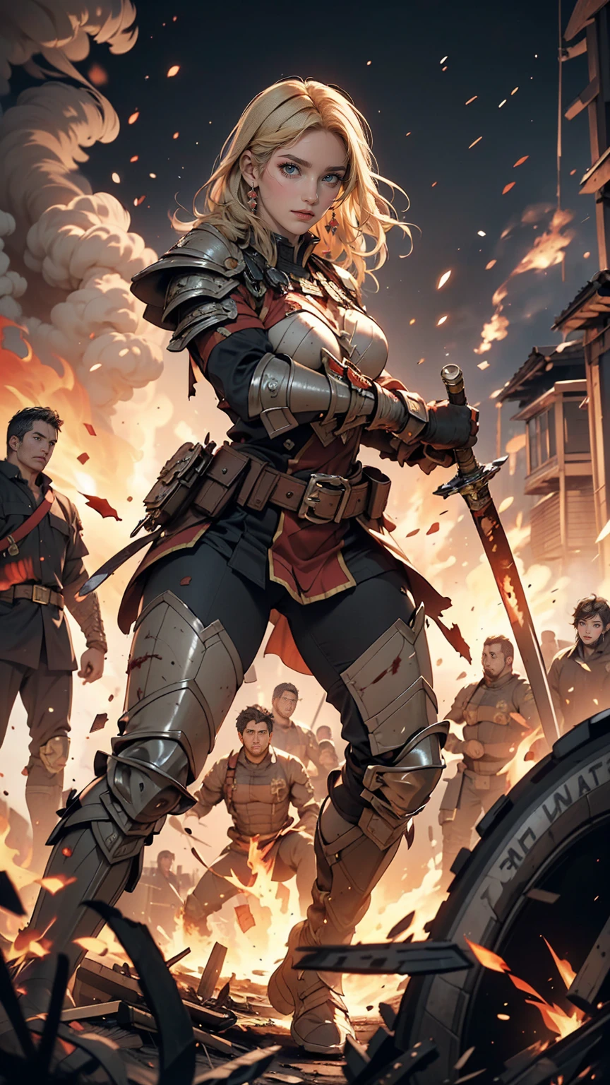 (masterpiece:1.5), (highest quality), (Very detailed), (Super detailed), (One girl:1.2), (whole body:1.2), (Young girl), (Blonde Hair), (Weapons in hand), (War battle scene), (Bloody atmosphere), (cigarette), (fire), (cadaver), (Chaotic Background), (explosion), (Torn clothing), (A look of determination), (Sweat and dirt), (I was injured), (Dynamic pose), (Broken Armor), (Burnt landscape), (Combat Stance), (Smoldering Wreckage), (inflammation:1.3), (Battle cry), (Sounds of War:1.1)