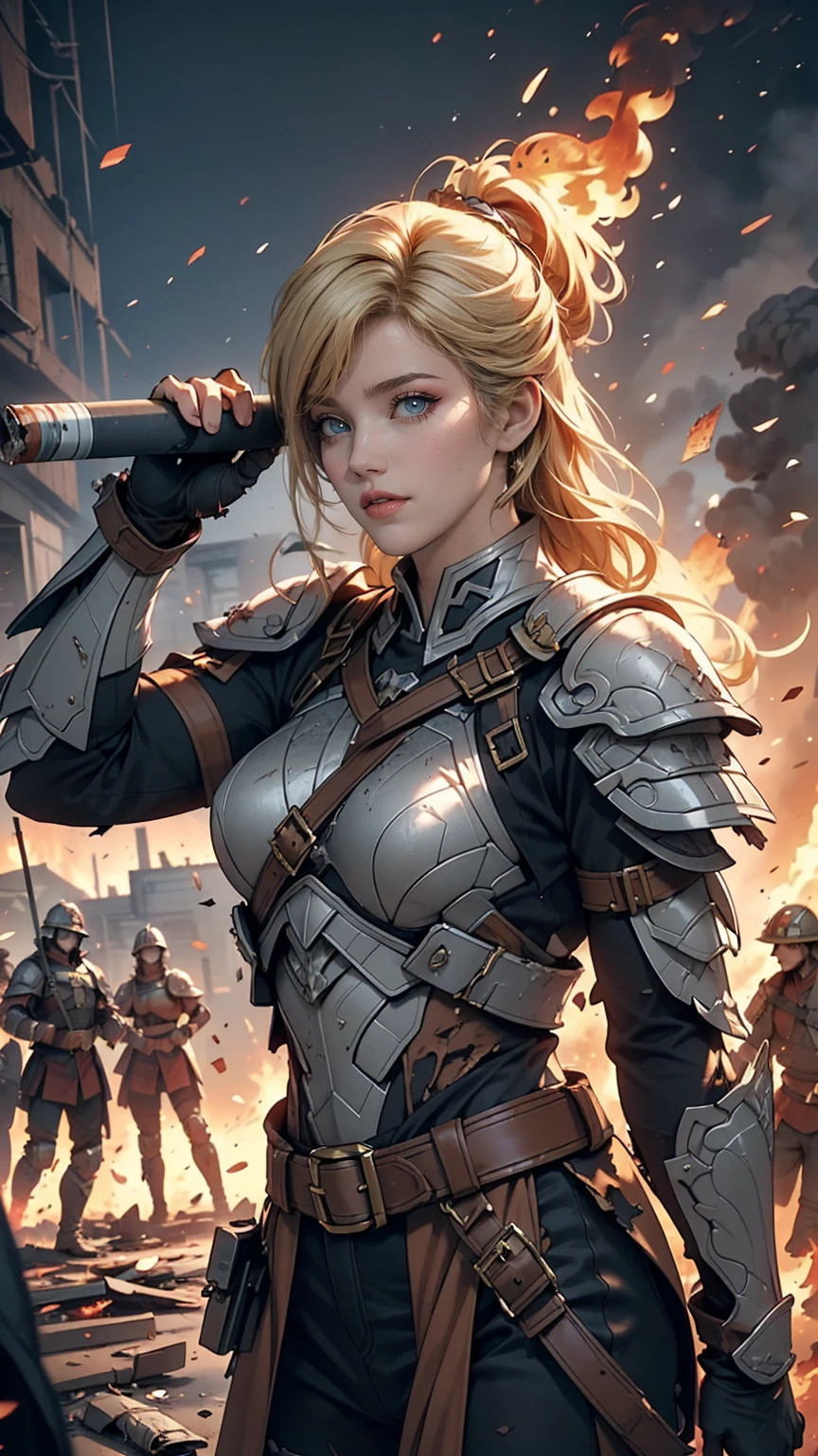 (masterpiece:1.5), (highest quality), (Very detailed), (Super detailed), (One girl:1.2), (whole body:1.2), (Young girl), (Blonde Hair), (Weapons in hand), (War battle scene), (Bloody atmosphere), (cigarette), (fire), (cadaver), (Chaotic Background), (explosion), (Torn clothing), (A look of determination), (Sweat and dirt), (I was injured), (Dynamic pose), (Broken Armor), (Burnt landscape), (Combat Stance), (Smoldering Wreckage), (inflammation:1.3), (Battle cry), (Sounds of War:1.1)