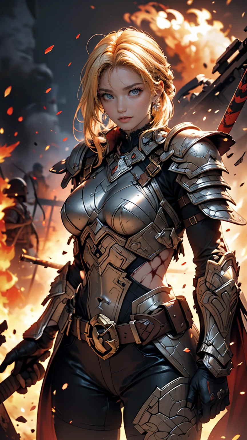 (masterpiece:1.5), (highest quality), (Very detailed), (Super detailed), (One girl:1.2), (whole body:1.2), (Young girl), (Blonde Hair), (Weapons in hand), (War battle scene), (Bloody atmosphere), (cigarette), (fire), (cadaver), (Chaotic Background), (explosion), (Torn clothing), (A look of determination), (Sweat and dirt), (I was injured), (Dynamic pose), (Broken Armor), (Burnt landscape), (Combat Stance), (Smoldering Wreckage), (inflammation:1.3), (Battle cry), (Sounds of War:1.1)