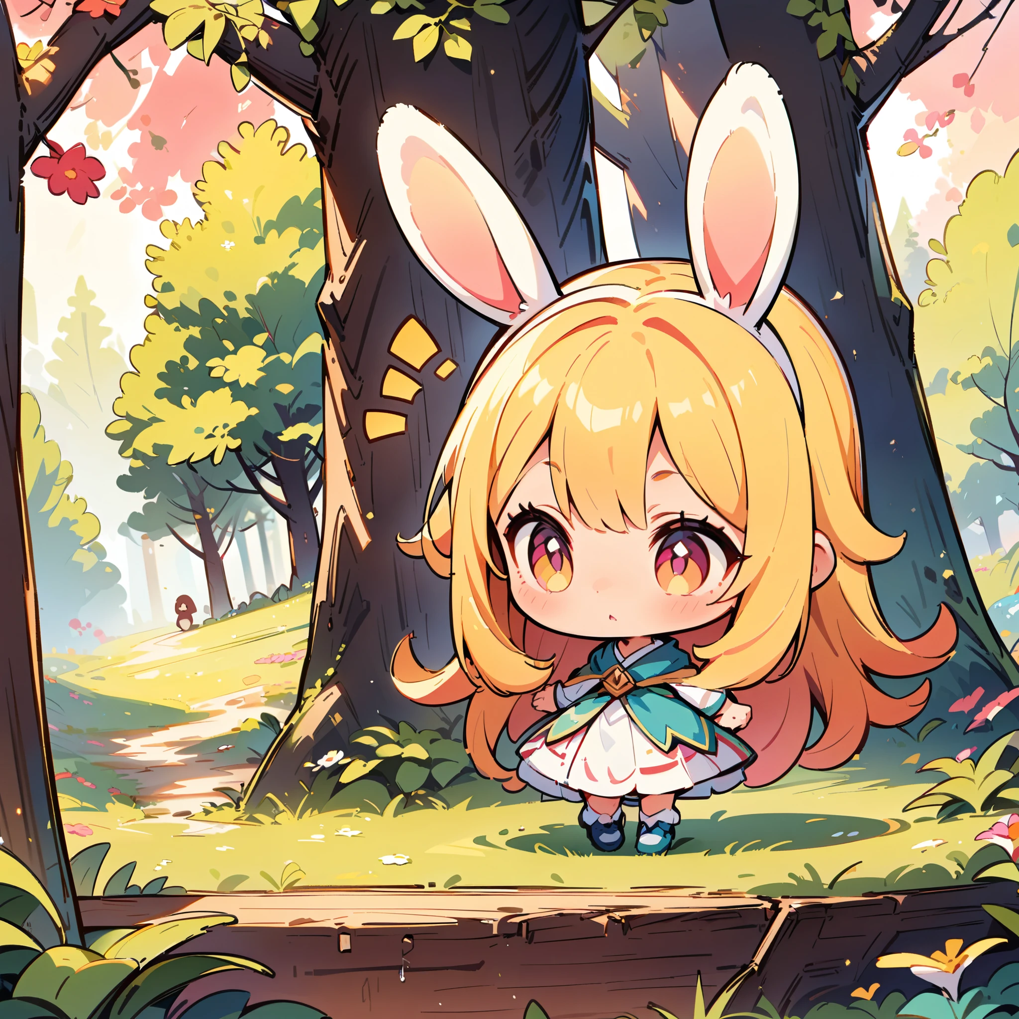 A rabbit-like person, Cute bunny woman, alone, Little, Deformation, 2 heads, Full body view, Focus on the ears, Forest and spring background, Hand-drawn illustrations.