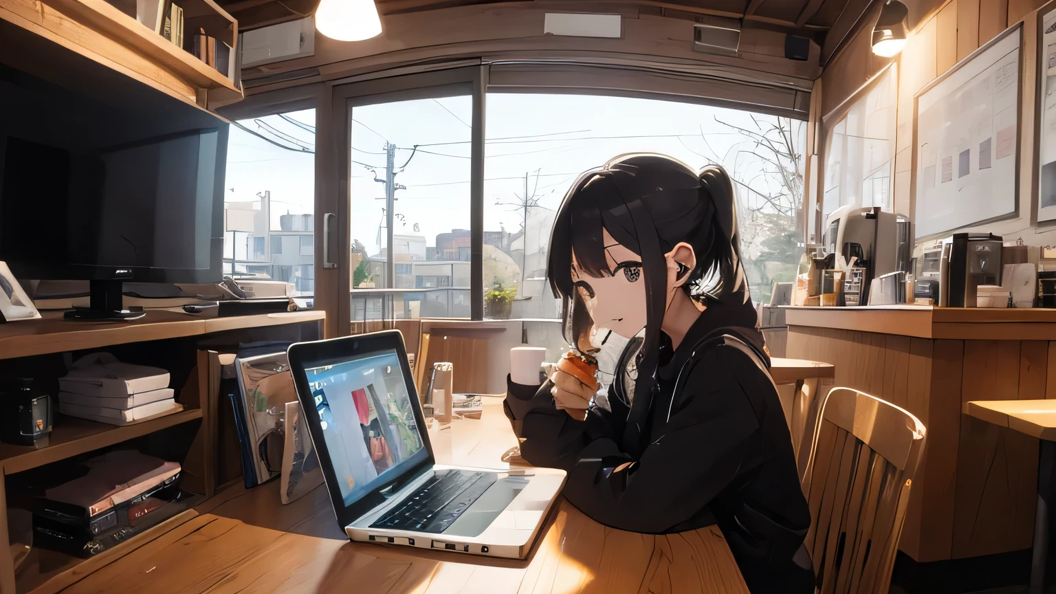 iPods,Wearing wireless earphones,laptop,View Monitor,Cute older sister,remote,Cafe