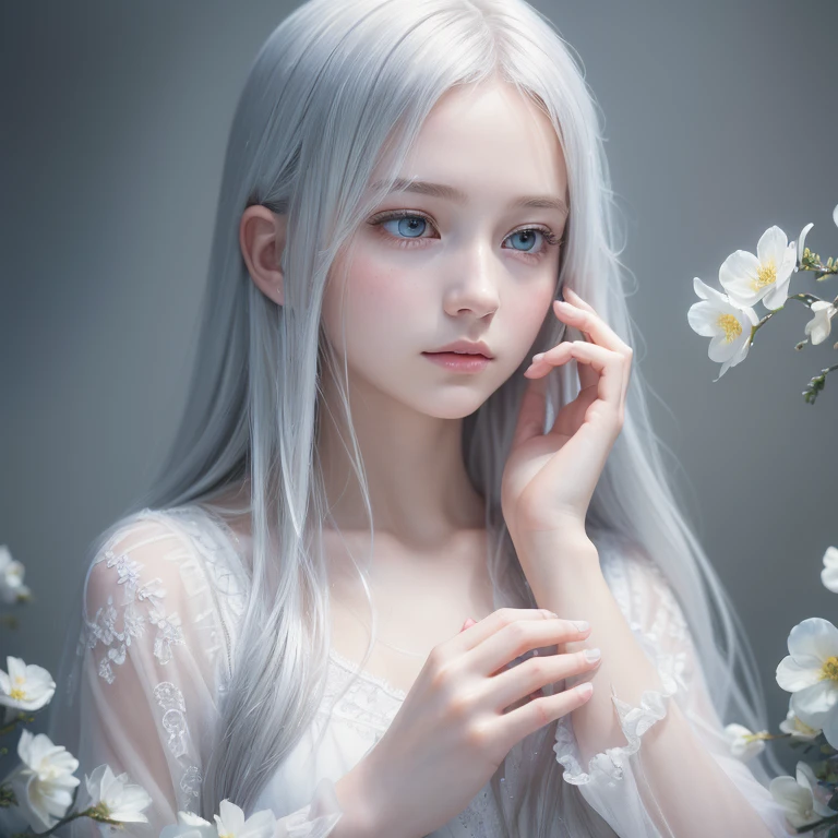 (((medium full shot))), (Masterpiece, photorealistic, photorealism, best quality, ultra-detailed:1.3), (nice hands, perfect hands), official art, cinematic light, (1girl:1.3), adult, An ethereal illustration of a girl with flowing silver hair among delicate, pale flowers against a dreamy, soft backdrop