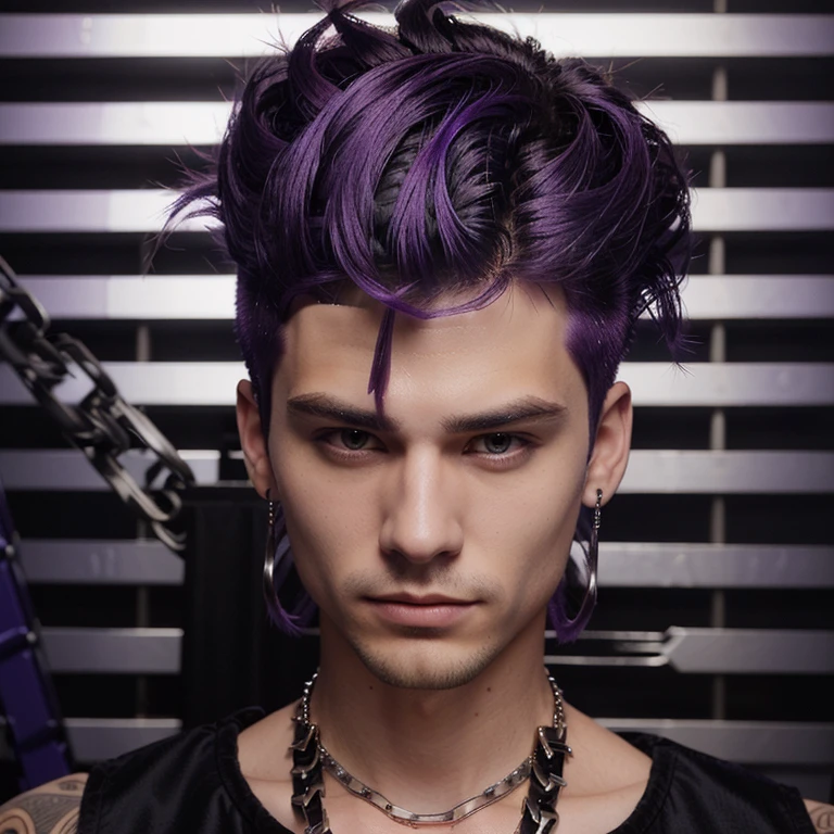 A man with sharp eyes, hair styled back, slightly waving forward, purple hair, wearing a chain necklace, a mohawk haircut