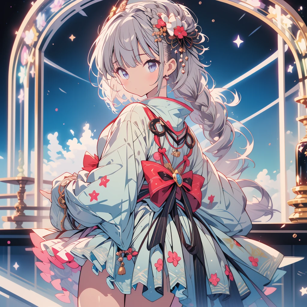 highest quality、8hair,Handsome face、vtuber half body、視聴者に向かって真っすぐfrontの絵、starの妖精、全身front立ち絵、front、One girl,highest quality、masterpiece、Official Art、Very detailed、so beautiful、かわいいstarの妖精、Gray hair straight long、milky way、universe、star charm、star、、hairnee-high boots、Japanese pattern dress、A beautiful girl wearing a black and white outfit made from a remade yukata.、universeを思わせる花魁フリルドレス、