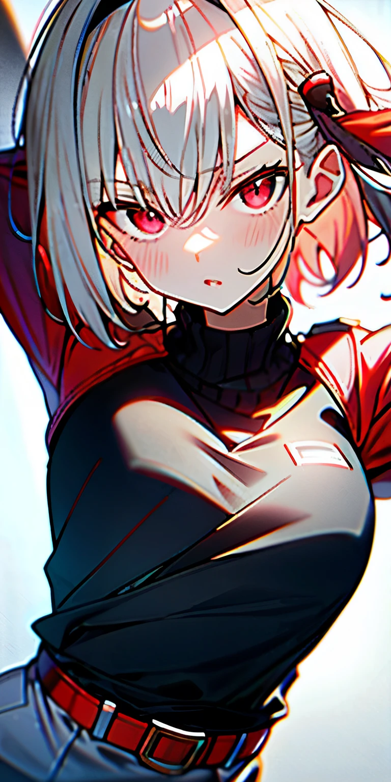 masterpiece , ( lite white short hair:1.2), (red eyes:1.2) , (8k, best quality 1.2), ultra-detailed, 8k uhd, soft lighting, high quality, film grain, beautiful lighting, cinematic ,perfect body , best illumination, best shadow, sharpness, contrast, red glasses, absurdres high detailed face, seen from above in spacesuit, space, floating, wide angle lens distortion, red eyes