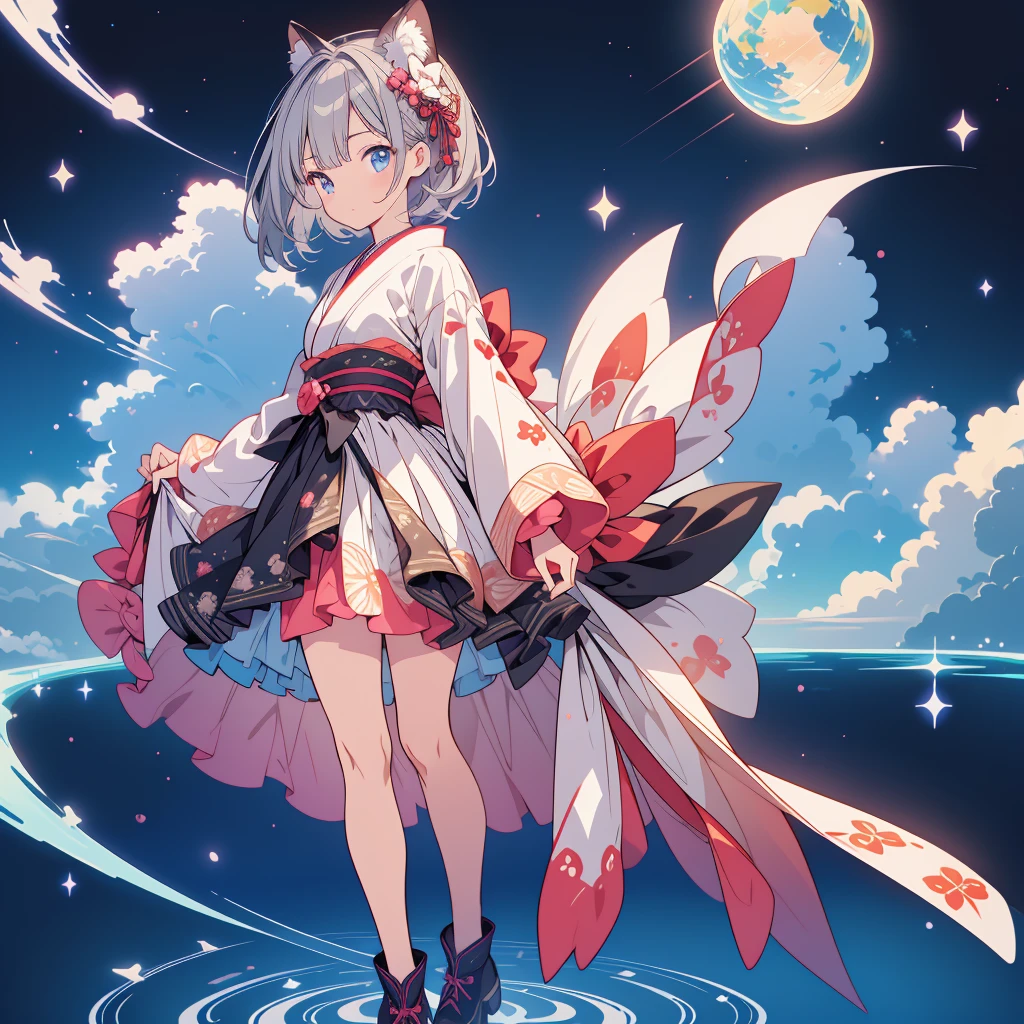 highest quality、８hair,Handsome face、vtuber half body、視聴者に向かって真っすぐfrontの絵、starの妖精、全身front立ち絵、front、One girl,highest quality、masterpiece、Official Art、Very detailed、so beautiful、かわいいstarの妖精、Gray hair straight long、milky way、universe、star charm、star、Baby Face、hairnee-high boots、Japanese pattern dress、A beautiful girl wearing a black and white outfit made from a remade yukata.、universeを思わせる花魁フリルドレス、