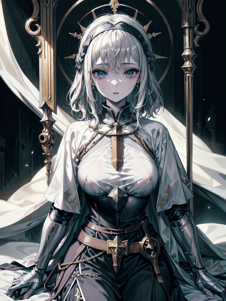 whole body, Joan of Arc, absurdres, RAW photo, extremely delicate and beautiful, masterpiece, Best Quality, ultra high resolution, 32k, hyperrealistic, ultra-detailed, perfect figure, detailed description, pale skin, 20 years old, detailed beautiful face and eyes, tearful mole, earring, short medium hair, wavy hair, 