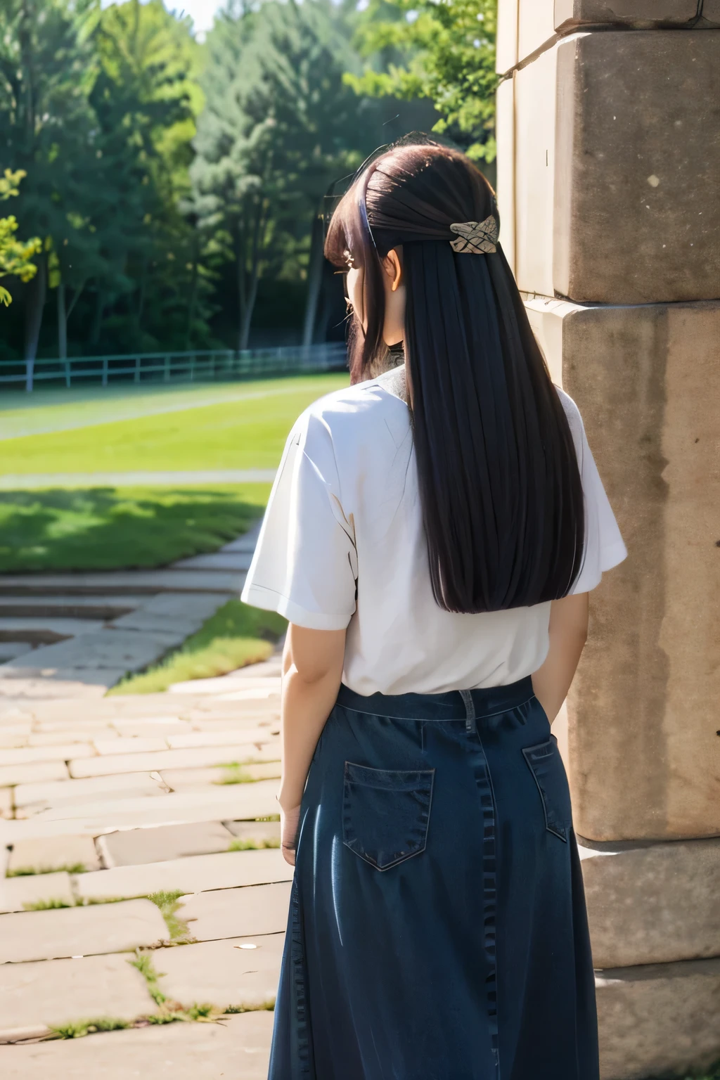 1girl, Fern from Frieren: Beyond Journey's End, wearing school t-shirt, Fern hairstyle, blue dark hair, clothes detailed, ultra detailed, overlooking, walk away, back view, from back, 8k, ultra hd, ultra detailed, masterpiece.