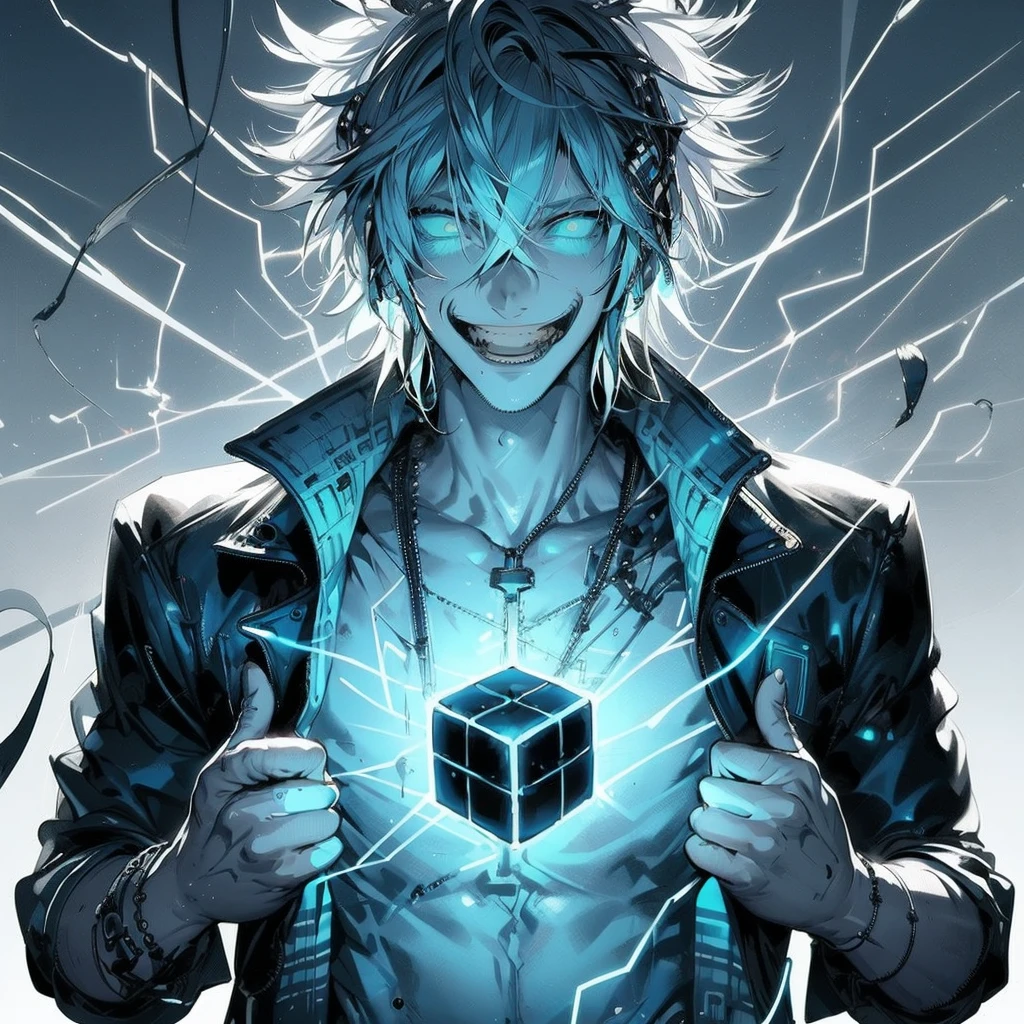 ouka_niji 5 girl beautiful inspired charlie bowater character cyberpunk- desenho no estilo de Mike Deotado, Androgynous niji 6 , man crazy smile, jacket, holding a neon black e blue, cube sticking