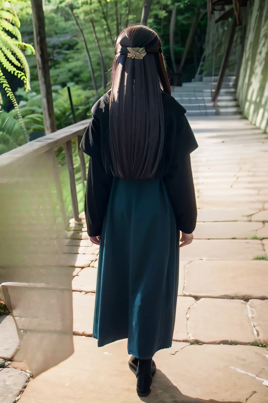 1girl, Fern from Frieren: Beyond Journey's End,perfect body , wearing school t-shirt, Fern hairstyle, blue dark hair, clothes detailed, ultra detailed, overlooking, walk away, back view, from back, 8k, ultra hd, ultra detailed, masterpiece.