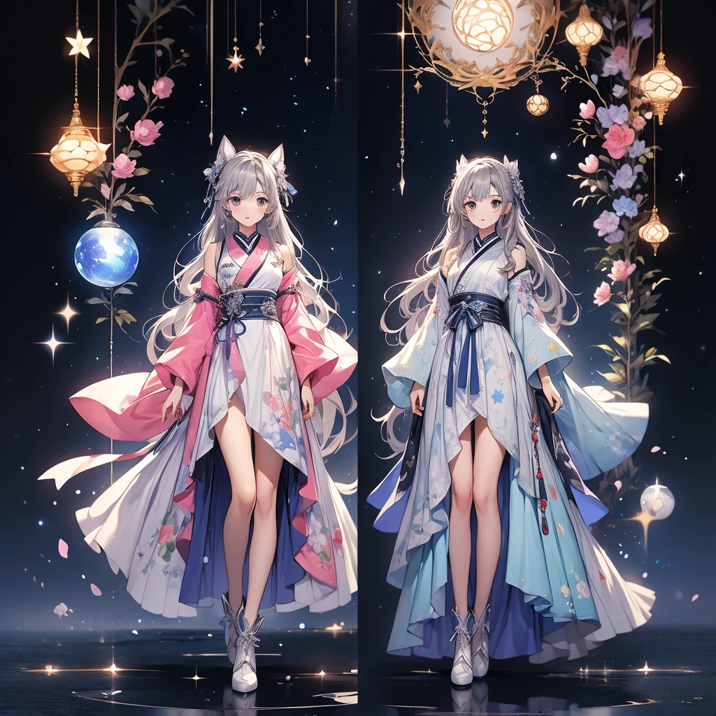highest quality、８hair,Handsome face、vtuber half body、視聴者に向かって真っすぐfrontの絵、starの妖精、全身front立ち絵、front、One girl,highest quality、masterpiece、Official Art、Very detailed、so beautiful、かわいいstarの妖精、Gray hair straight long、milky way、universe、star charm、star、Baby Face、hairnee-high boots、Japanese pattern dress、A beautiful girl wearing a black and white outfit made from a remade yukata.、universeを思わせる花魁フリルドレス、