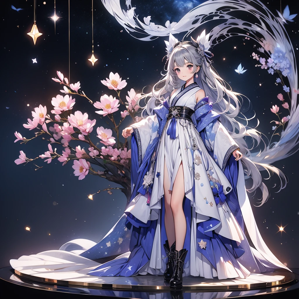 highest quality、8hair,Handsome face、vtuber half body、視聴者に向かって真っすぐfrontの絵、starの妖精、全身front立ち絵、front、One girl,highest quality、masterpiece、Official Art、Very detailed、so beautiful、かわいいstarの妖精、Gray hair straight long、milky way、universe、star charm、star、Baby Face、hairnee-high boots、Japanese pattern dress、A beautiful girl wearing a black and white outfit made from a remade yukata.、universeを思わせる花魁フリルドレス、