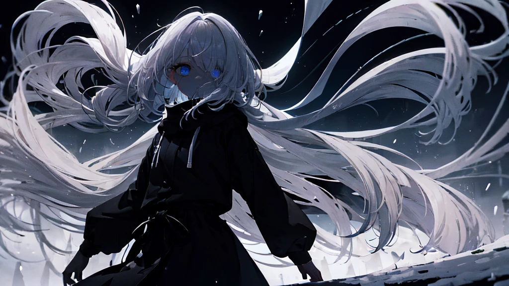 very long white hair、One eye is black、Expressionless、floating girl、Black gradient、Transparent feet、Black and white background、(masterpiece、highest quality)、Short nape hair、1 girl with very short white hair、Black cardigan、Grim expression、Grey Eyes、Warm lighting、 Blurred foreground、Deep in the night、High Contrast、night,snowing,Heavy snowfall,winter,Alone in the vast snowy field,whole body,curse,Facing forward,Huge construction,moon,blue sky,colorful,Shining blue eyes,Shortcuts,Short Hair,Horror,Are standing,snow