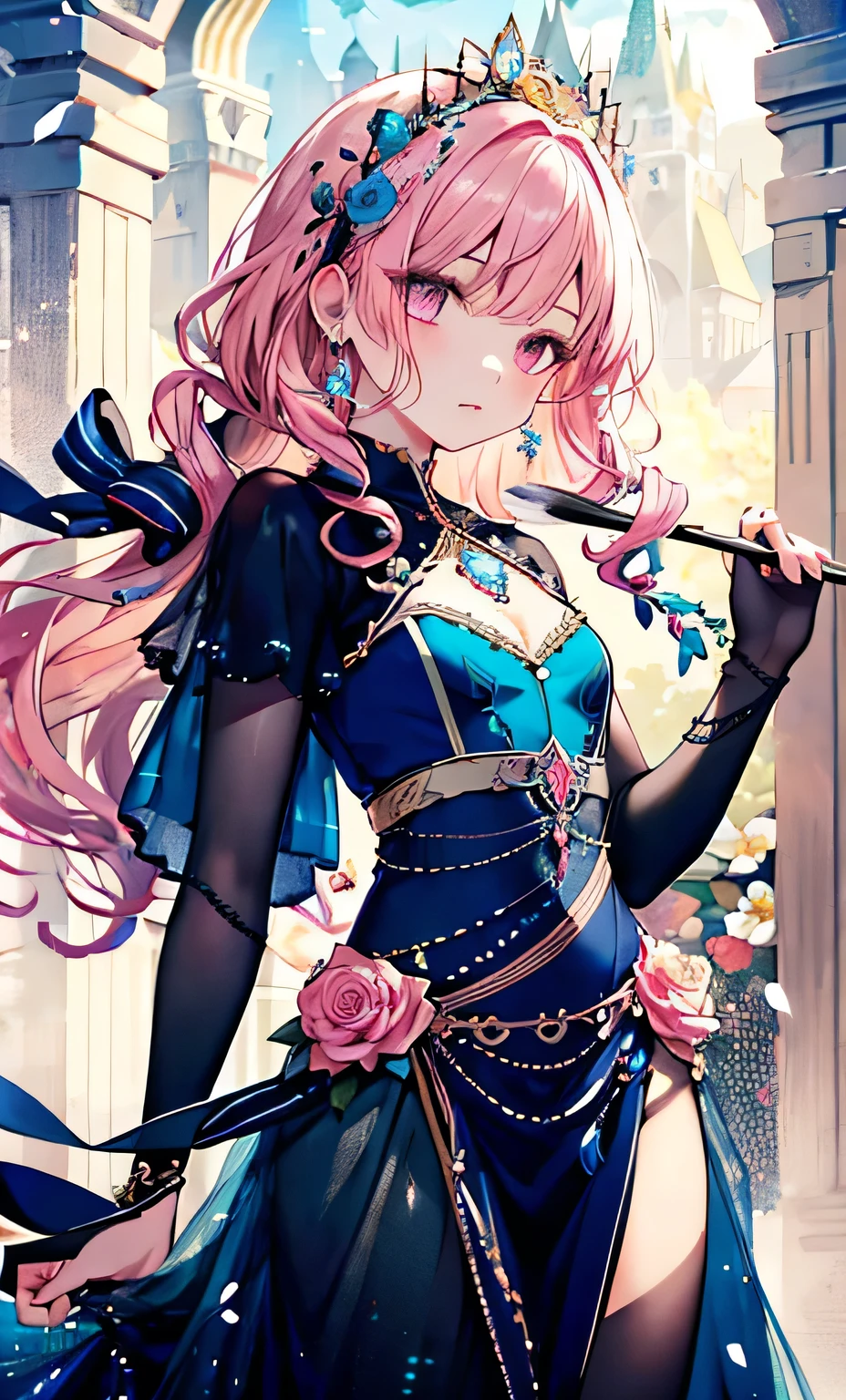 Extremely detailed, noble girl, Exquisite facial features，Pink curly hair long hair details expressed, Beautiful posture, Dreamy atmosphere, expressive brushstrokes, Mysterious atmosphere, delicate curls，Detailed Floral Jewelry, crystal diamond jewelry，Small fresh aesthetics，Stunningly intricate costumes, fantasy illustrations, subtle colors and tones, Details have been updated