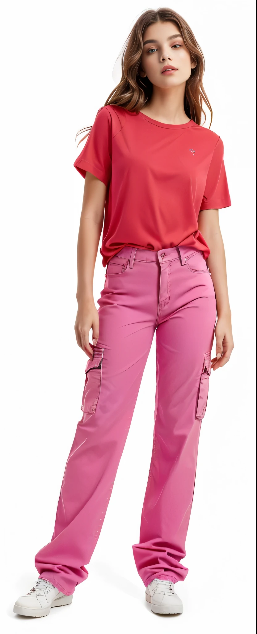 a woman in a red shirt and pink pants stands in front of a white background, estilo de cor rosa e vermelho, Bloqueando cores, wearing cargo pants, bloqueio de cores, roupas coloridas, roupas rosa, big pants, cargo pants, cores mais quentes e suaves, Roupas coloridas, brilhantemente colorido, cores neon silenciadas, ad image, jeans largos, esquema de cores rosa e vermelho