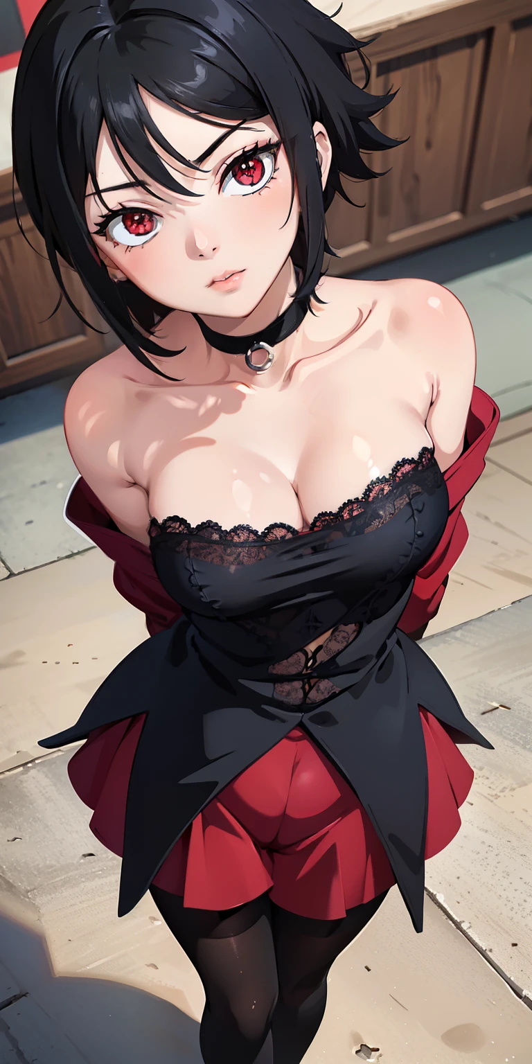 masterpiece, best quality, ultra-detailed, illustration,(1girl), Sarada Uchiha, looking at viewer, close up, (breast focus), (arms behind back:1.2), (from above:1.1), black hair, Medium breasts, (breasts out:1.3), (off shoulder:1.1), lace underwear, random pantyhose, black hair, red eyes, Sharringan eyes,