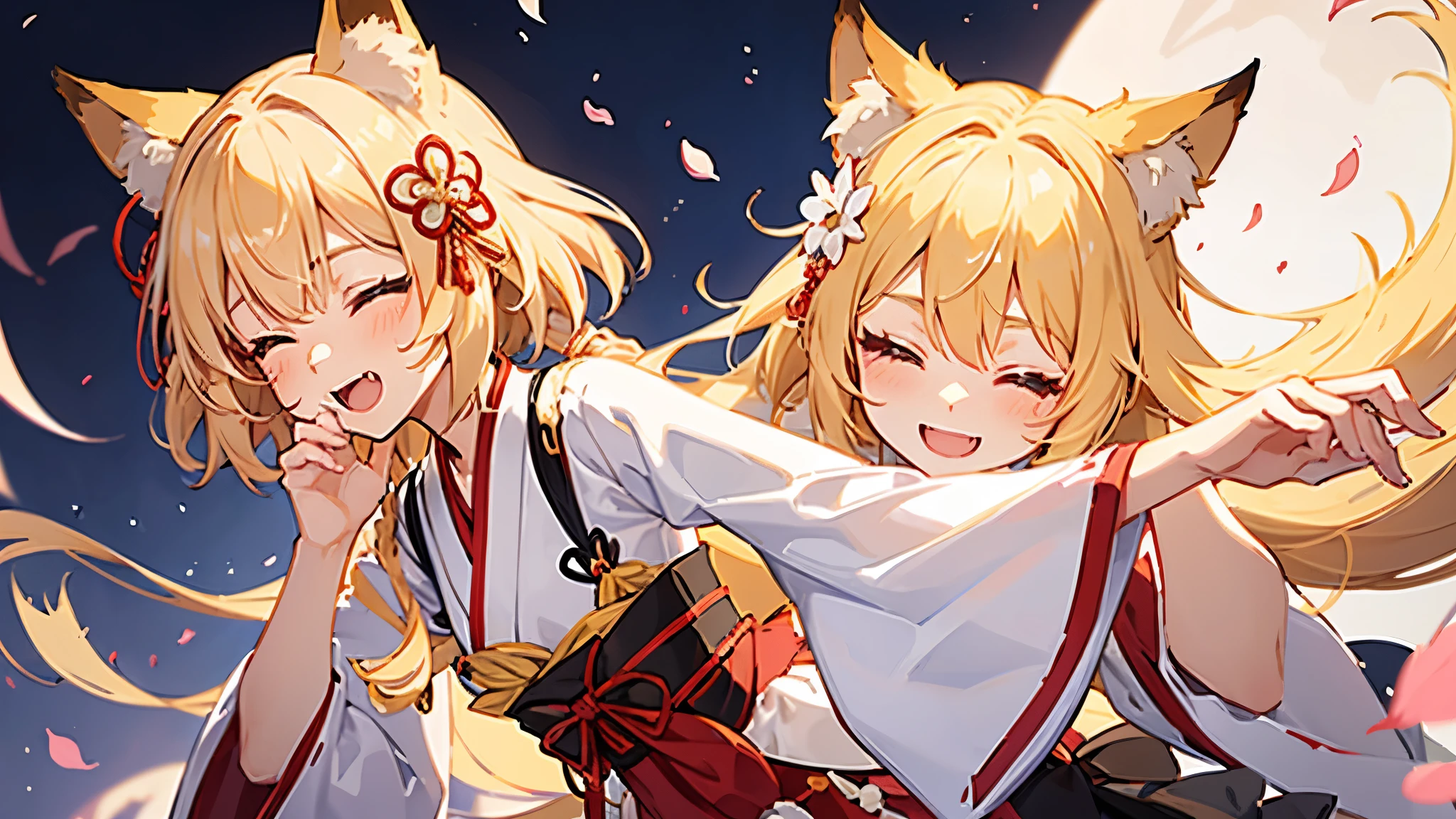 1girl, :d, ^ ^, animal ear fluff, animal ears, apron, bangs, blonde hair, blush, closed eyes, facing viewer, fang, flower, fox ears, fox girl, fox tail, gradient, gradient background, grey background, hair between eyes, hair flower, hair ornament, hands on own cheeks, hands on own face, japanese clothes, kimono, long sleeves, miko, open mouth, ribbon-trimmed sleeves, ribbon trim, short hair, smile, solo, tail, white kimono, wide sleeves