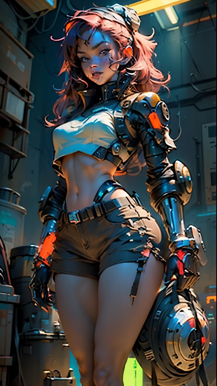 (best quality,highres:1.2),ultra-detailed,physically-based rendering,(realistic,photorealistic,photo-realistic:1.37),futuristic,sci-fi,concept artists,body armor,technological clothing,defined thick thighs,thigh-high boots,perfect breasts,generous neckline,black and red mohawk hair,short underwear,garter belt,vivid colors,sharp focus,studio lighting