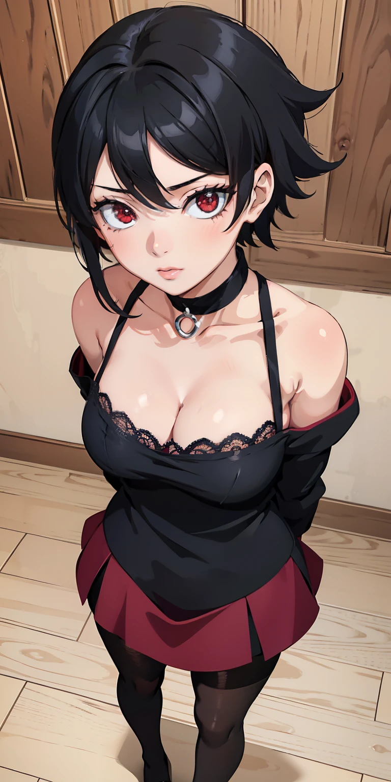 masterpiece, best quality, ultra-detailed, illustration,(1girl), Sarada Uchiha, looking at viewer, close up, (breast focus), (arms behind back:1.2), (from above:1.1), black hair, Medium breasts, (breasts out:1.3), (off shoulder:1.1), lace underwear, random pantyhose, black hair, red eyes, Sharringan eyes,