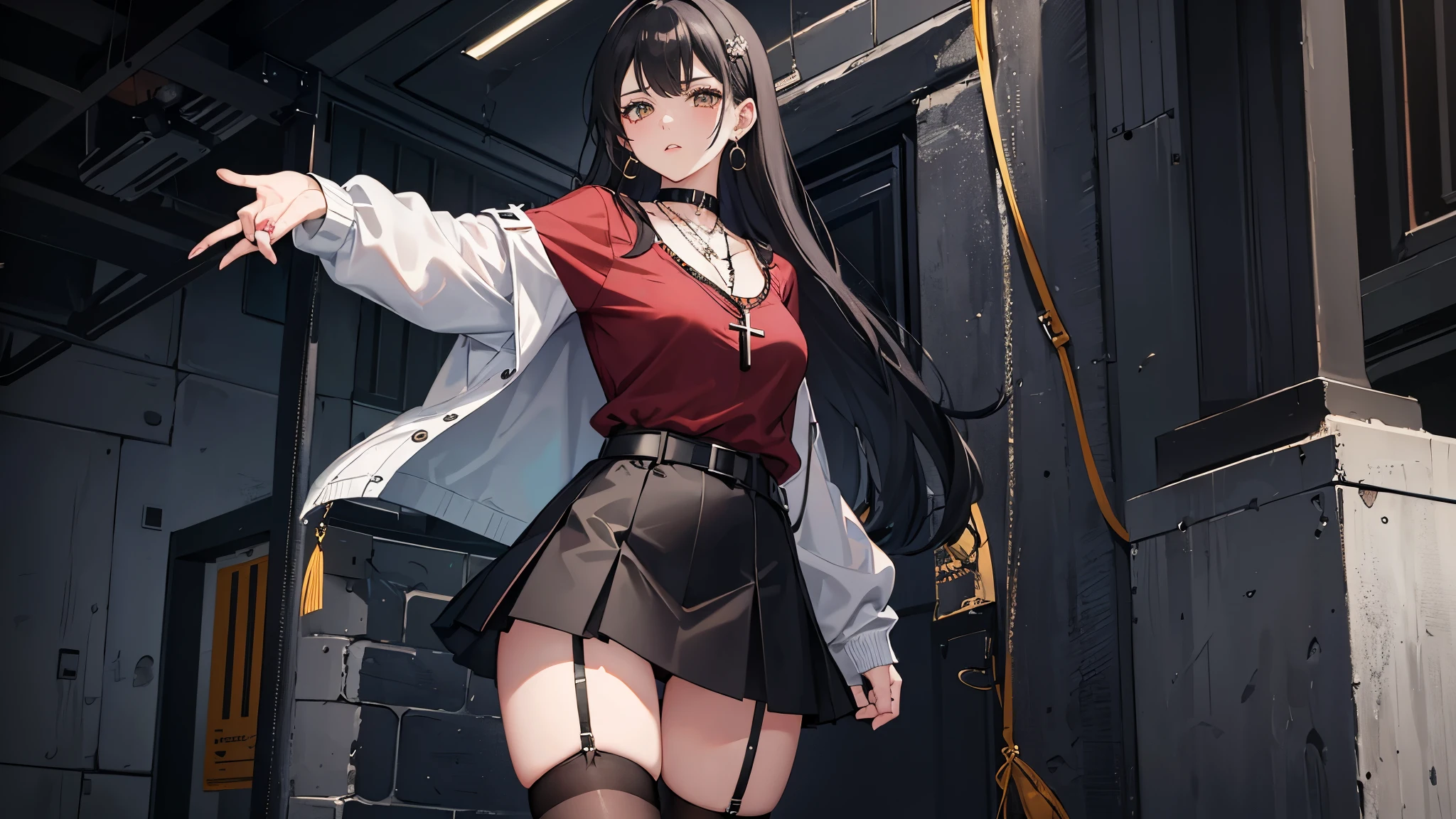 1girl, belt, belt collar, black belt, black hair, black skirt, black thighhighs, blush, bottle, choker, closed mouth, clothes hanger, cowboy shot, cross, cross necklace, earrings, english text, fingernails, fishnets, jewelry, latin cross, long sleeves, looking at viewer, medium hair, miniskirt, necklace, parted lips, plaid, plaid skirt, profanity, red shirt, shirt, skirt, solo, standing, striped, striped shirt, tattoo, thighhighs, washing machine, yellow eyes
