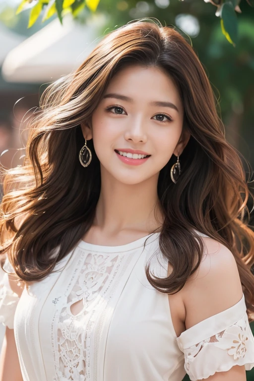 highest quality、4K、Perfect Face、Perfect Style、Sunburn、Long Layer Hair、beautiful、stylish appeal、Mature、Curly Hair、Swept-back hair、break fast、Charming smile、