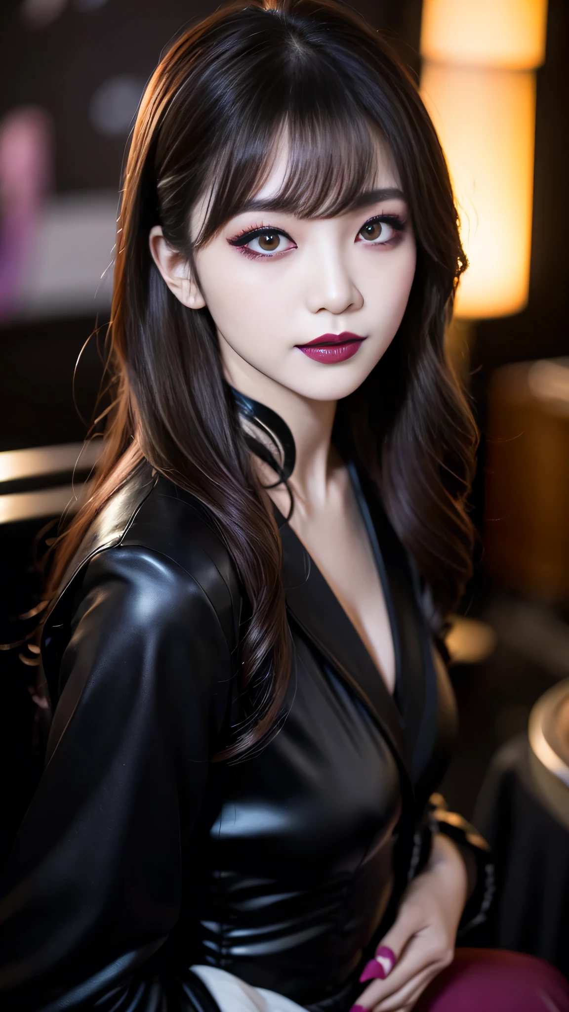 best quality、ultra-detailed、4k、Japanese、Seductive beauty、seductive adult woman、Pretty Woman、cool girl、Villainess、Brainwashed、brainwash、Fallen into evil、smirk、Evil look、Wicked Smile、evil、Brown hair、wavy hair、swept bangs、dark makeup、dark makeup、piercing eyes、hollow eyes,half-closed eyes、Hollow Eyes、purple Eyeshadow、black lipstick、black lipglos、night、inside darkroom、Are standing、shoot from below、Have lipstick、pantyhose、Emblem of Evil、Crest of Darkness、Swear allegiance、I have pledged my allegiance、Dye black、Blackening、Stained with evil、Dyed in darkness、Seduce