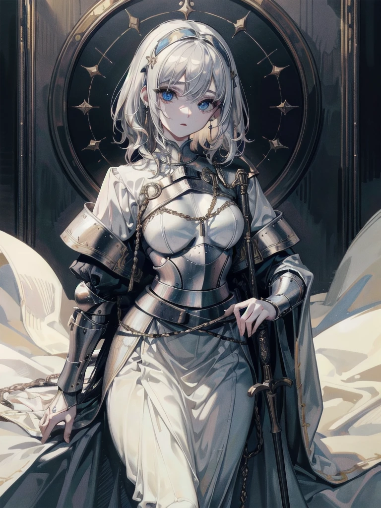 whole body, Joan of Arc, absurdres, RAW photo, extremely delicate and beautiful, masterpiece, Best Quality, ultra high resolution, 32k, hyperrealistic, ultra-detailed, perfect figure, detailed description, pale skin, 20 years old, detailed beautiful face and eyes, tearful mole, earring, short medium hair, wavy hair,