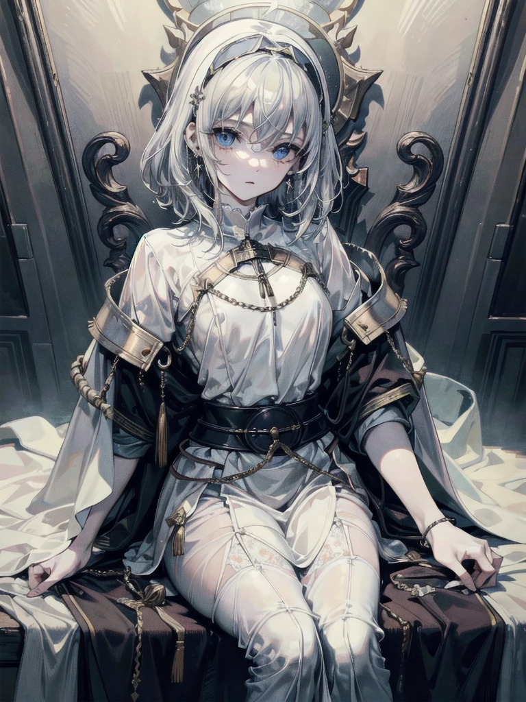 whole body, Joan of Arc, absurdres, RAW photo, extremely delicate and beautiful, masterpiece, Best Quality, ultra high resolution, 32k, hyperrealistic, ultra-detailed, perfect figure, detailed description, pale skin, 20 years old, detailed beautiful face and eyes, tearful mole, earring, short medium hair, wavy hair, 