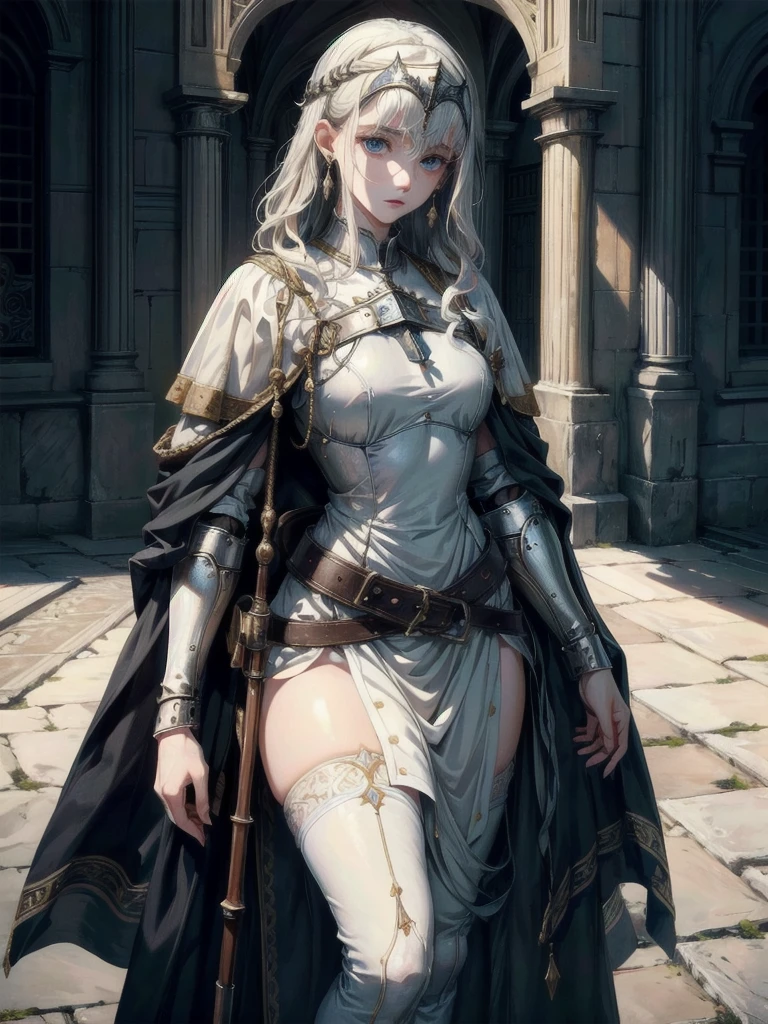whole body, Joan of Arc, absurdres, RAW photo, extremely delicate and beautiful, masterpiece, Best Quality, ultra high resolution, 32k, hyperrealistic, ultra-detailed, perfect figure, detailed description, pale skin, 20 years old, detailed beautiful face and eyes, tearful mole, earring, short medium hair, wavy hair, 