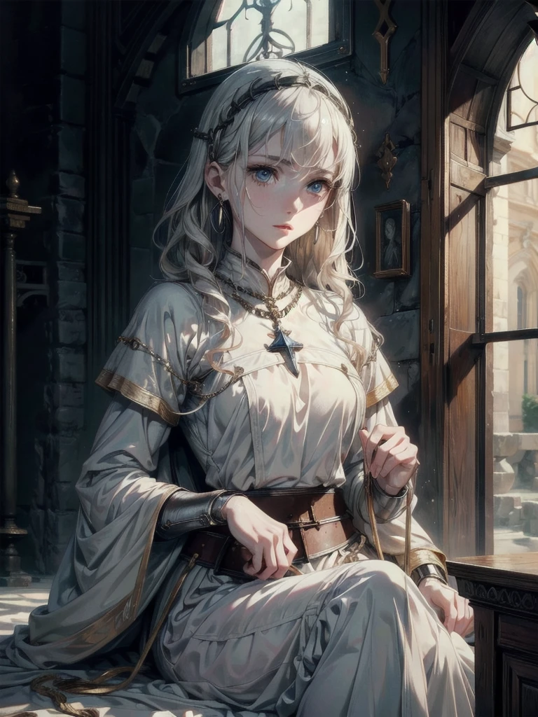 whole body, Joan of Arc, absurdres, RAW photo, extremely delicate and beautiful, masterpiece, Best Quality, ultra high resolution, 32k, hyperrealistic, ultra-detailed, perfect figure, detailed description, pale skin, 20 years old, detailed beautiful face and eyes, tearful mole, earring, short medium hair, wavy hair, 