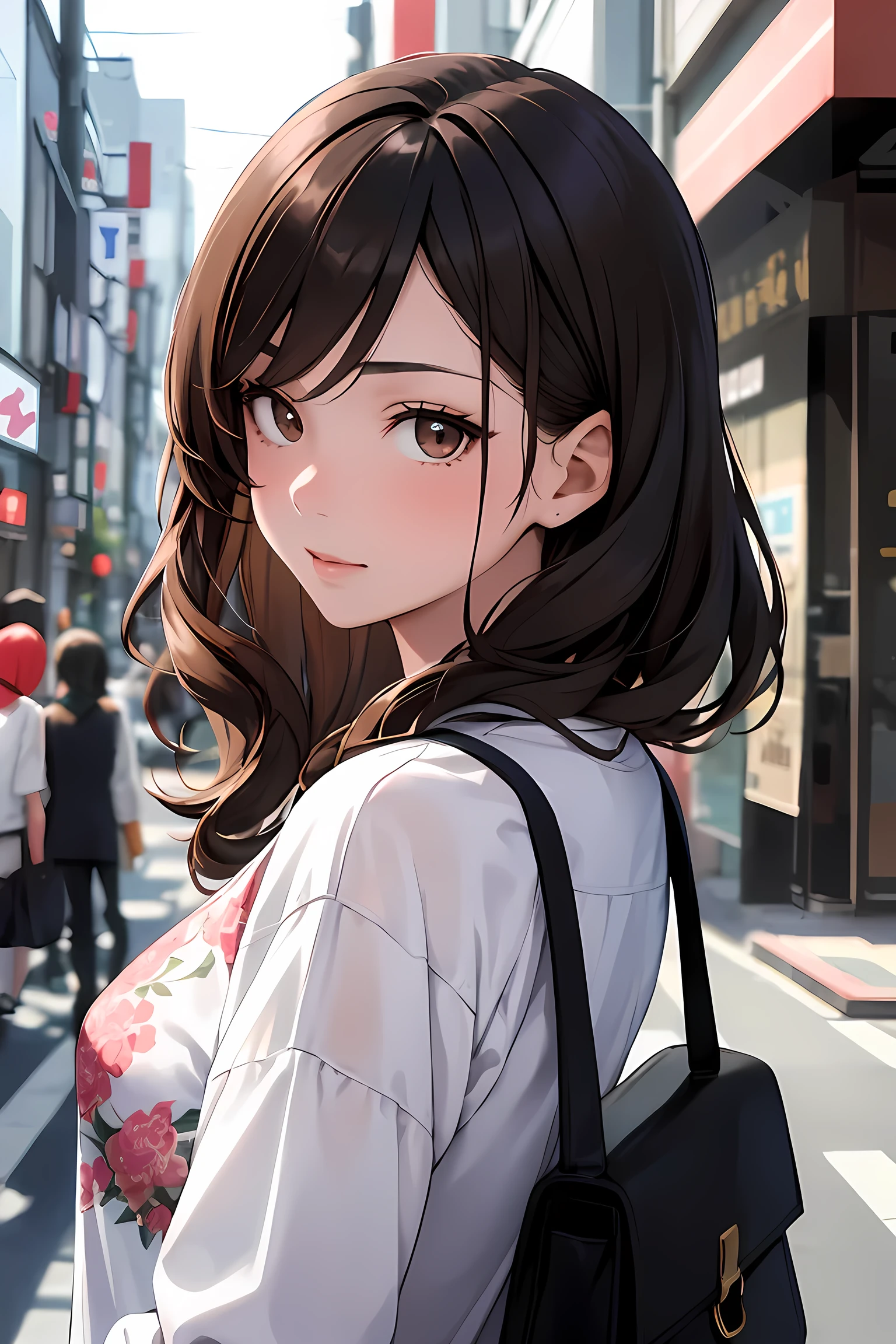 Masterpiece, best quality, Photo of a modern caucasian european woman with wavy dark hair, detailed brown eyes, and a floral shirt on tokyo street