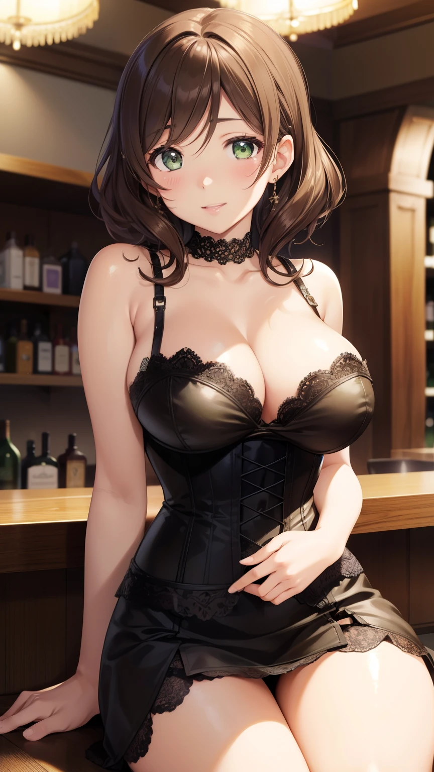 nozomitoujou, nozomi toujou, green eyes, brown hair, short curly hair, large breasts, masterpiece, best quality, high resolution, beautiful detailed eyes, extremely detailed face, good lighting, detailed CG, messy hair, glossy lips, corset dress, light smile, sitting, in a club, in a bar, high heels