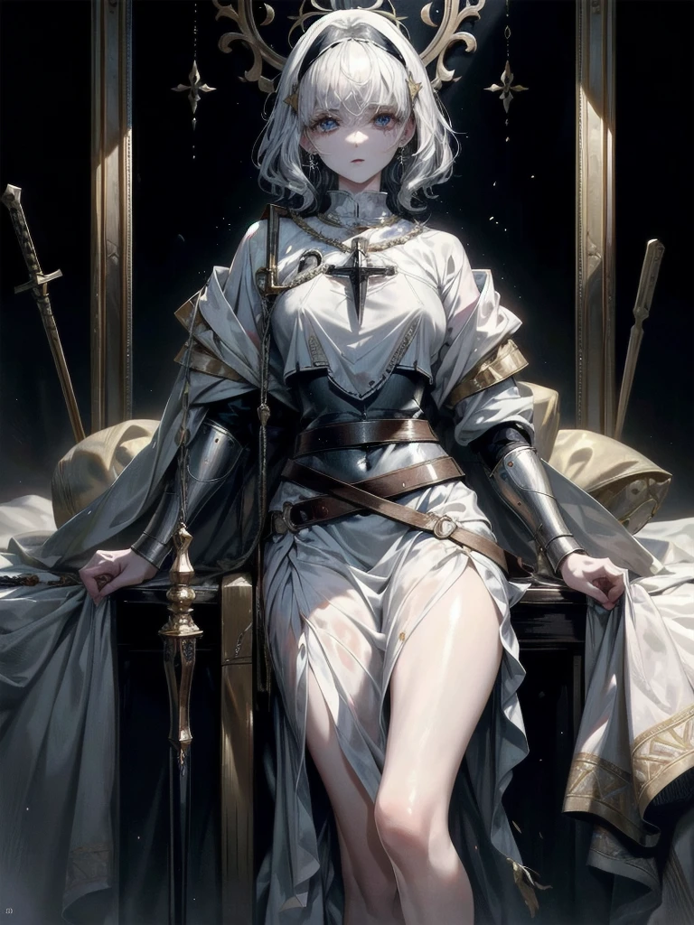 whole body, Joan of Arc, absurdres, RAW photo, extremely delicate and beautiful, masterpiece, Best Quality, ultra high resolution, 32k, hyperrealistic, ultra-detailed, perfect figure, detailed description, pale skin, 20 years old, detailed beautiful face and eyes, tearful mole, earring, short medium hair, wavy hair,