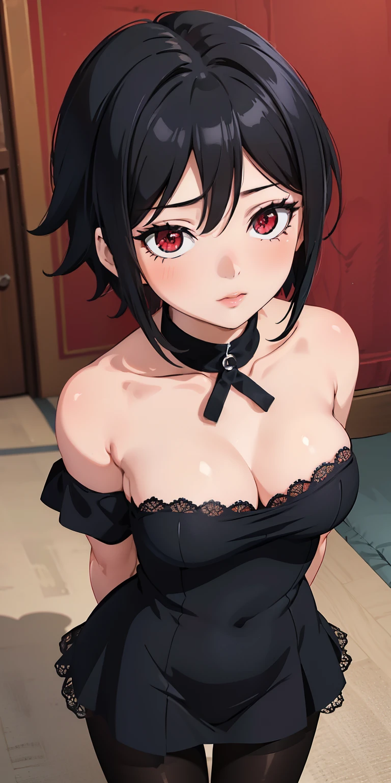 masterpiece, best quality, ultra-detailed, illustration,(1girl), Sarada Uchiha, looking at viewer, close up, (breast focus), (arms behind back:1.2), (from above:1.1), black hair, Medium breasts, (breasts out:1.3), (off shoulder:1.1), lace underwear, random pantyhose, black hair, red eyes, Sharringan eyes,