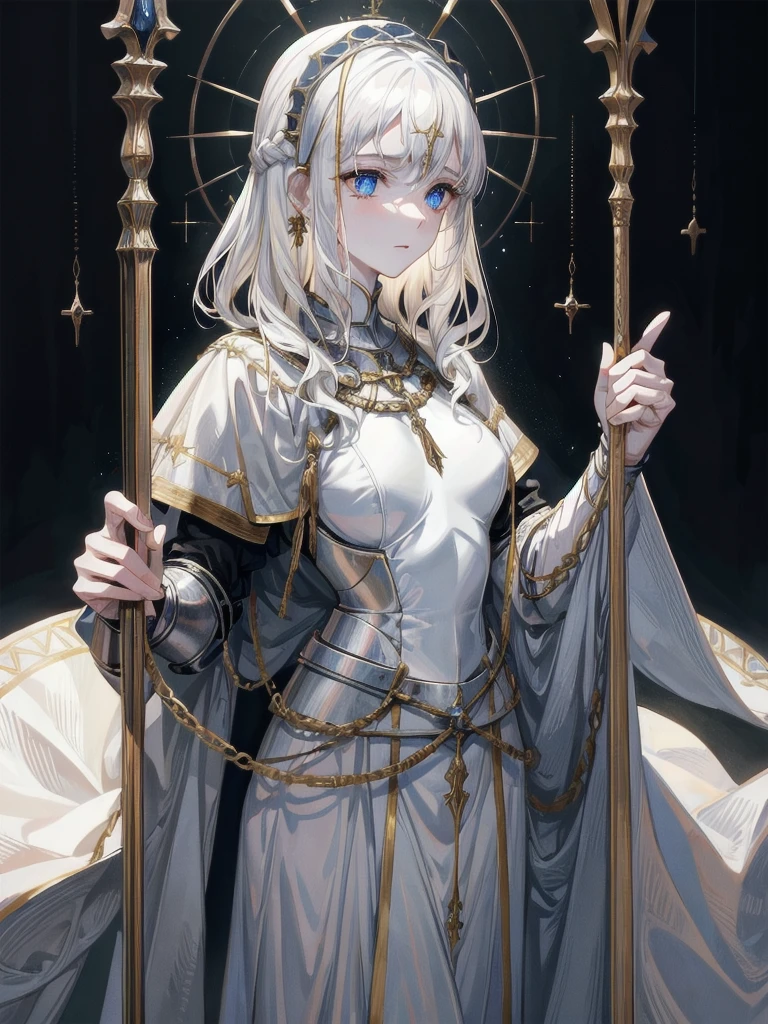 whole body, Joan of Arc, absurdres, RAW photo, extremely delicate and beautiful, masterpiece, Best Quality, ultra high resolution, 32k, hyperrealistic, ultra-detailed, perfect figure, detailed description, pale skin, 20 years old, detailed beautiful face and eyes, tearful mole, earring, short medium hair, wavy hair,
