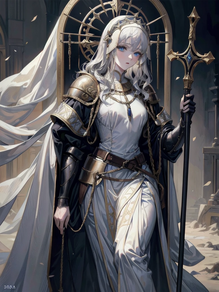 whole body, Joan of Arc, absurdres, RAW photo, extremely delicate and beautiful, masterpiece, Best Quality, ultra high resolution, 32k, hyperrealistic, ultra-detailed, perfect figure, detailed description, pale skin, 20 years old, detailed beautiful face and eyes, tearful mole, earring, short medium hair, wavy hair,