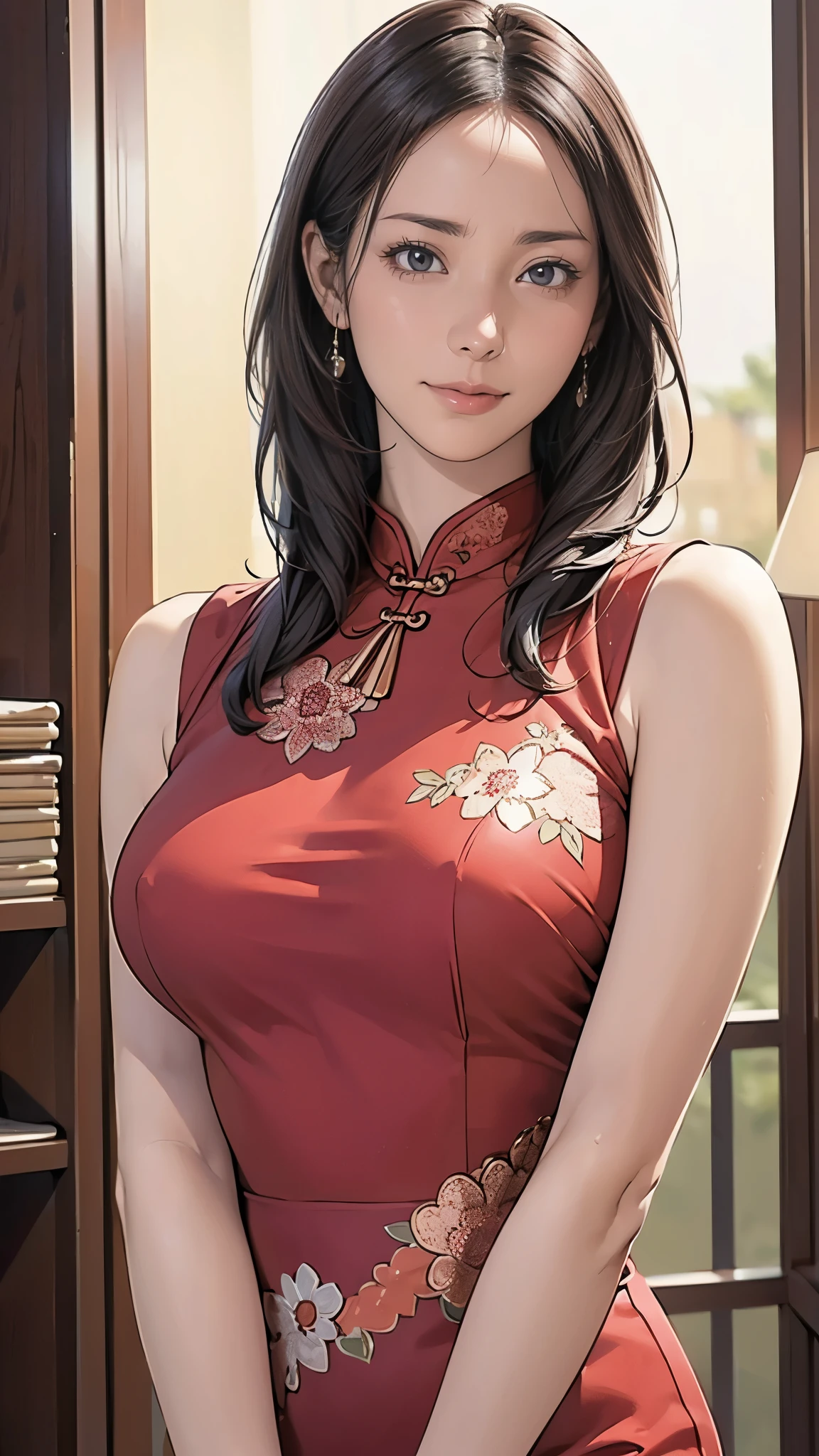 (masterpiece:1.2, highest quality), (Realistic, photoRealistic:1.4), Beautiful illustrations, (Natural Side Lighting, Cinema Lighting), Written boundary depth, Beautiful thighs staring at the viewer, (Face Focus, Upper Body), 1 female,20-year-old,alone,(With background:Hotel Rooms) , Long Hair, Curly Hair, Forehead, Very big , Sleeveless red floral cheongsam, Earrings, Are standing, ((Close-up)) , ((Close-up))