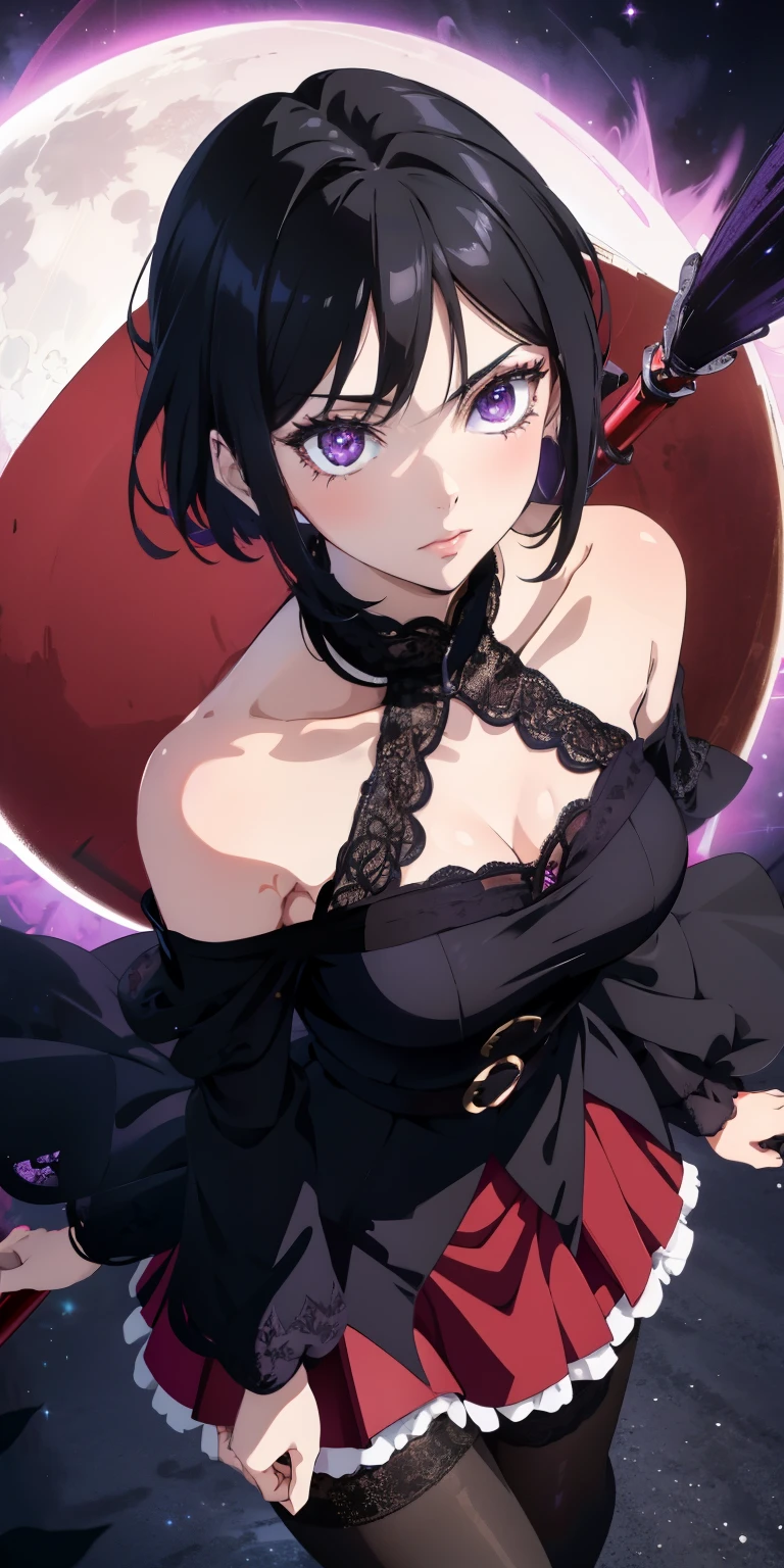 masterpiece, best quality, ultra-detailed, illustration,(1girl),beautiful detailed eyes, Sarada Uchiha, looking at viewer, close up, (breast focus), (arms behind back:1.2), (from above:1.1), black hair, black lace top, high neck lace, black lace covered shoulders, small breasts, (off shoulder:1.1), lace robe, caster robes, lace stockings, lace arm sleeves,glowing eyes, purple eyes, Red Tulle coat random pantyhose, black hair, purple eyes, Rennegan eyes, shining eyes, Wizard staff in hand, elegant staff, Wizard wand, Fairy wand, detailed wizard staff, giant moon in background