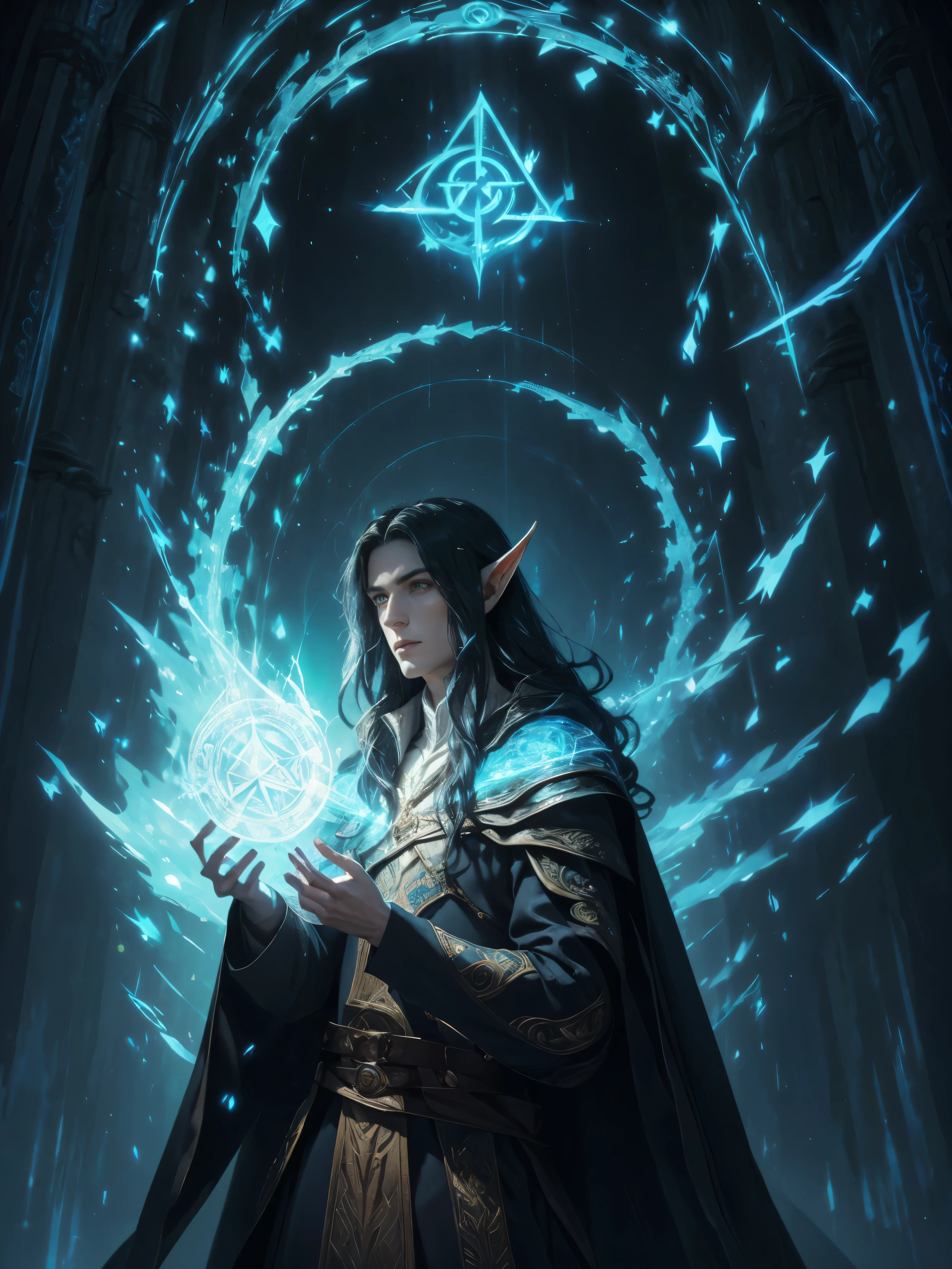arafed male elf with long black hair and a blue cape, portrait of fin wildcloak, and intricate runes etched on circle of magic ghostly shimmering, This breathtaking portrait, showcases every intricate detail in stunning clarity. The warlock's robes shimmer with iridescent threads, casting a spellbinding glow that seems to radiate off the canvas. a portrait of a male elf, portrait of a slender elven man, beautiful male elf, a male elf, male half-elf, charlie bowater character art, elven male, young half elf wizard, inspired in kris from deltarrune