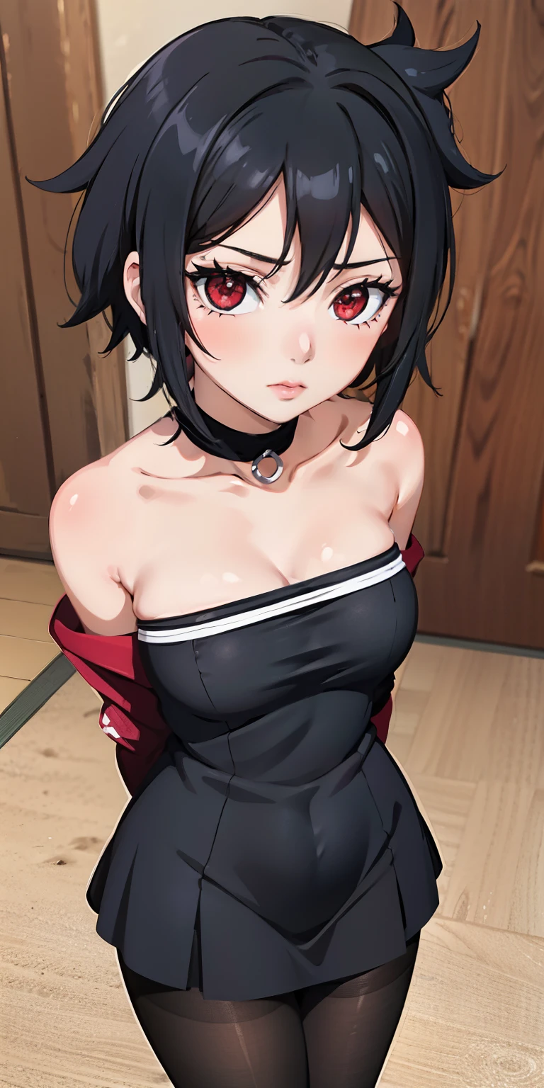 (1girl), Sarada Uchiha, looking at viewer, close up, (breast focus), (arms behind back:1.2), (from above:1.1), black hair, Medium breasts, (breasts out:1.3), (off shoulder:1.1), lace underwear, random pantyhose, black hair, red eyes, Sharringan eyes,