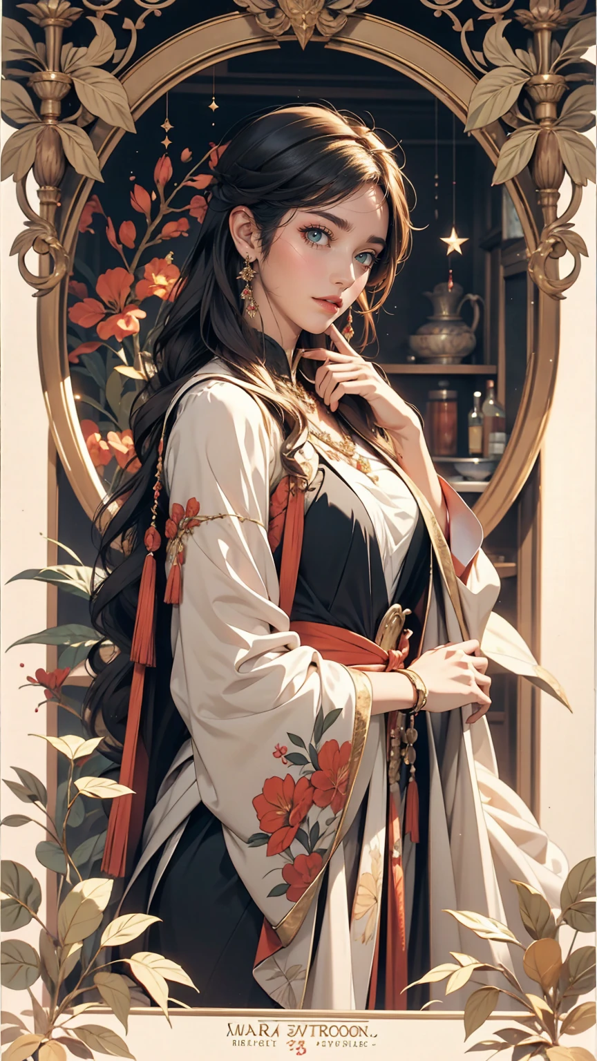 Warrior Girl、White woman、Art Nouveau Background
