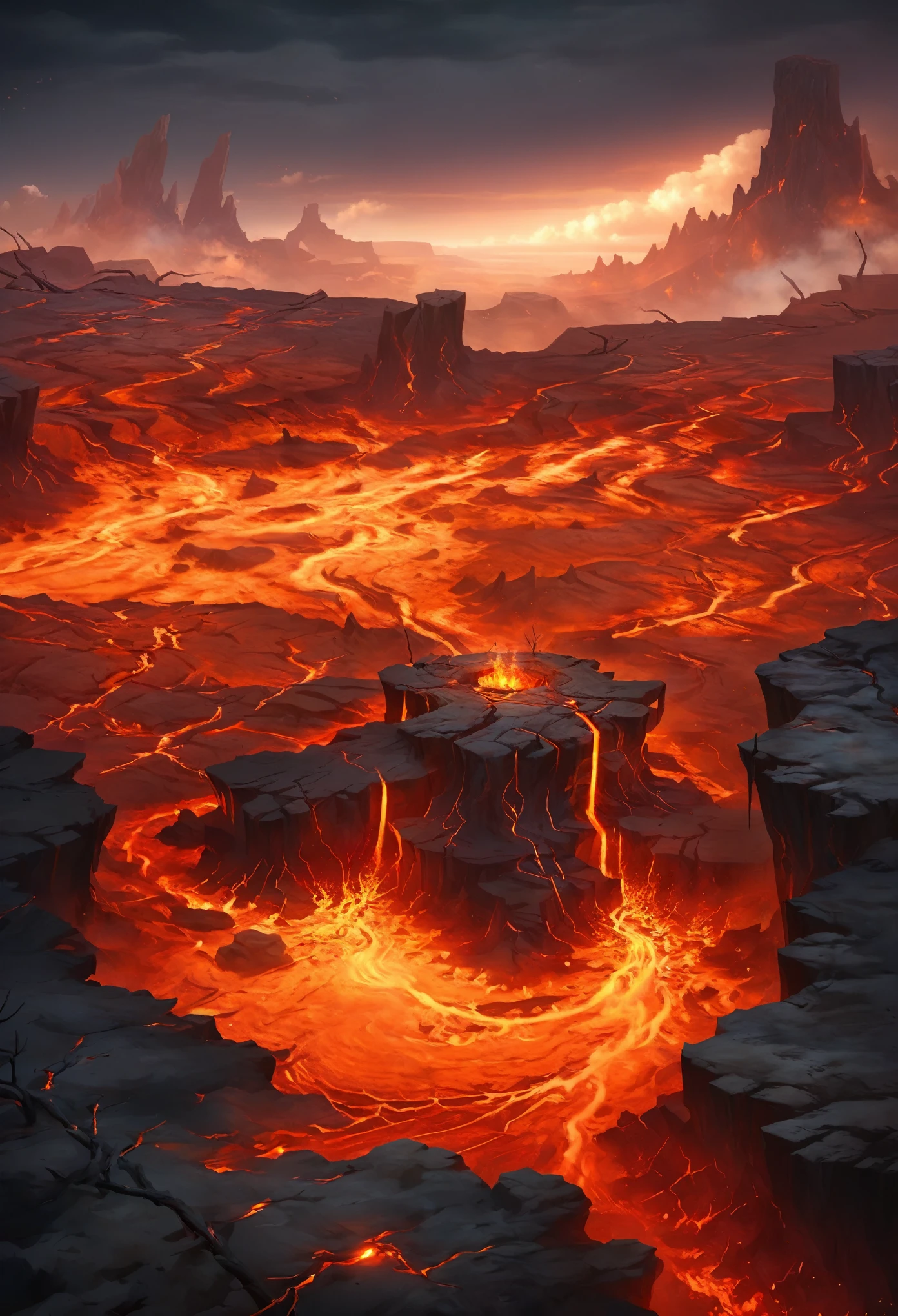 scene concept, lava field, 3d rendering, realistic style, ultra-clear detail, masterpiece, high quality, lava, solo, landscape, dead tree, outdoor, cliff, clouds, fire, science fiction, sky, pit, top view