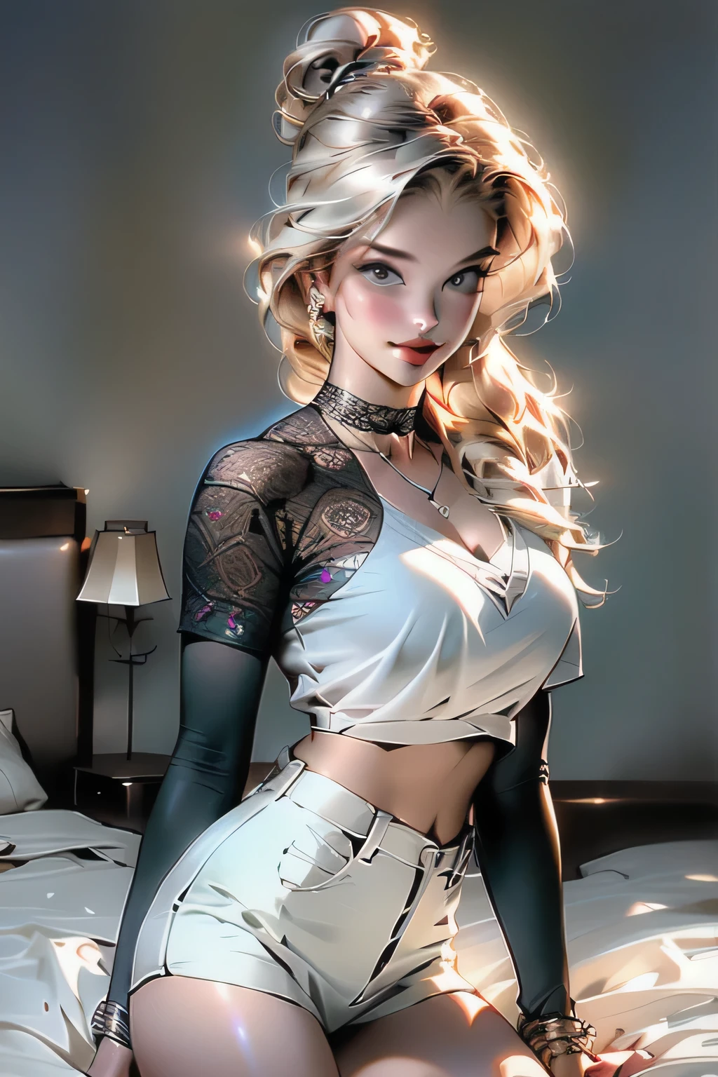Blonde curly hair, ((ponytail)), (Super big boobs)))), ((Plump figure)), ((Ample breasts))), (Hair Details), (Facial details) explanation), (detailed explanation of body), Fair and translucent skin, Unparalleled beauty, Long legs, (Dark blue lace underwear), (stockings), (ruby ​​necklace)), (Mature royal sisters), (Red lips), (move), ( shy), (Captivating smile), To the audience, (indoor), (((Luxury Bedroom)), sexy, masterpiece, 最high quality, high quality, High resolution, 