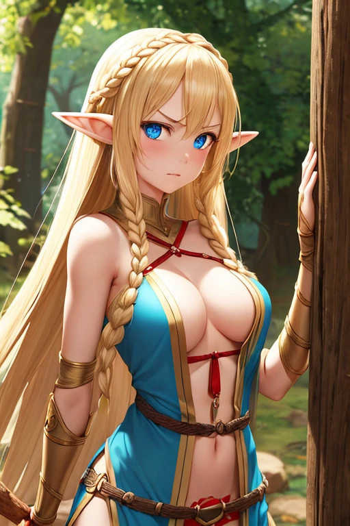 A beautiful elf princess with long braided blonde hair, elf ears, blue eyes, thin lips, round face, medium breasts, wearing a red tunic, angry look, with her arms tied to a log, arms chained inside a dungeon.
